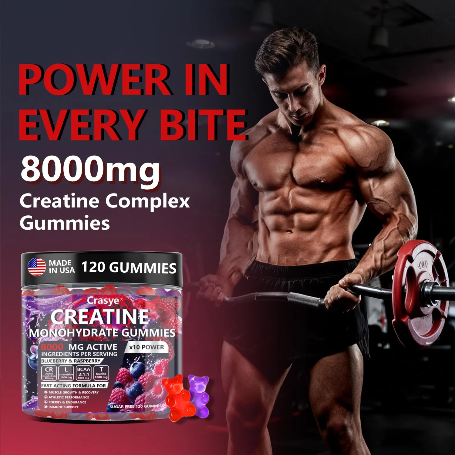 Crasye Creatine Gummies Complex 8000mg for Men and Women Creatine Monohydrate Gummy with BCAA Taurine for Muscle Strength and Energy Boost Sugar Free Pre-Workout Supplement - 120 Gummies - Image 5