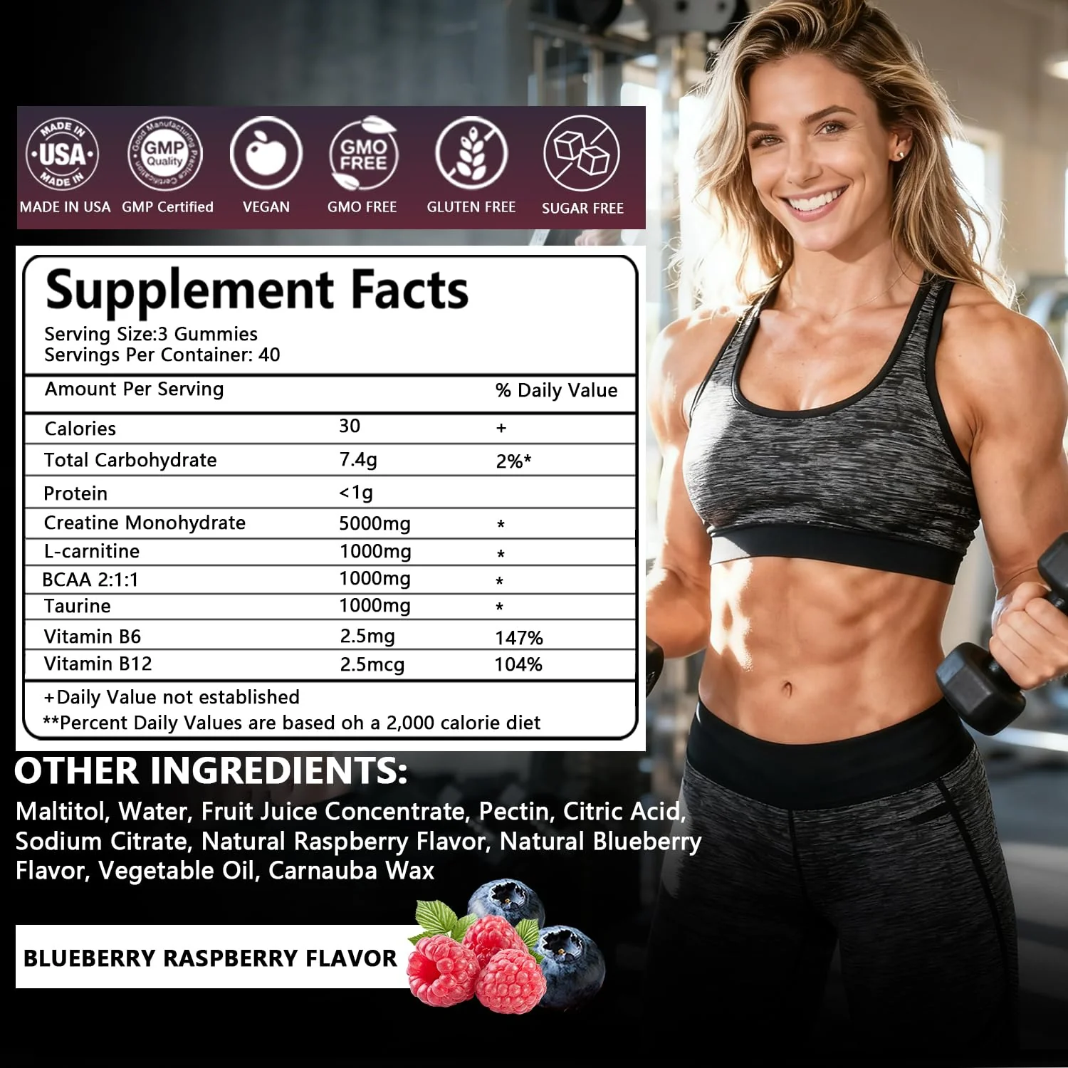 Crasye Creatine Gummies Complex 8000mg for Men and Women Creatine Monohydrate Gummy with BCAA Taurine for Muscle Strength and Energy Boost Sugar Free Pre-Workout Supplement - 120 Gummies - Image 7