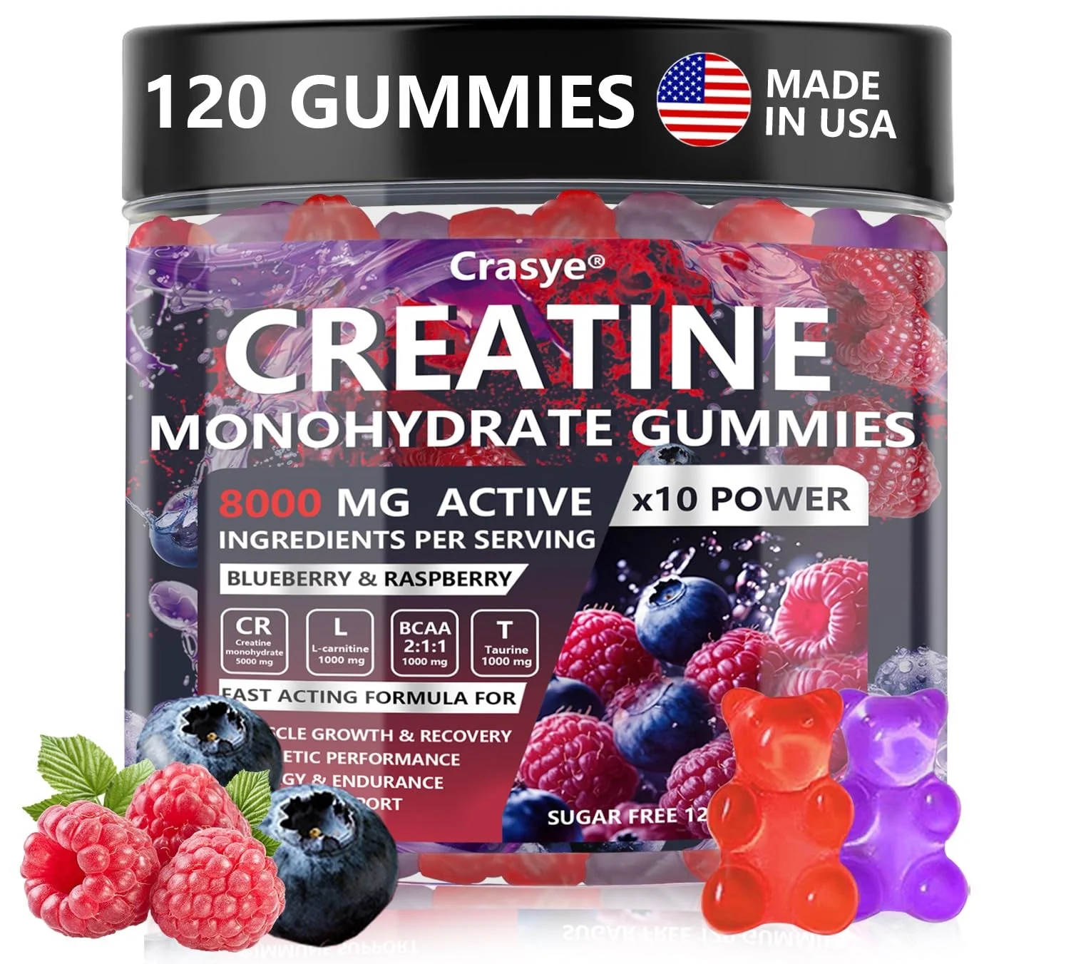 Crasye Creatine Monohydrate Gummies Complex 8000 MG for Men Women, Creatine Gummy with Taurine BCAA for Energy Support and Muscle Strength, Sugar Free Pre-Workout Supplement