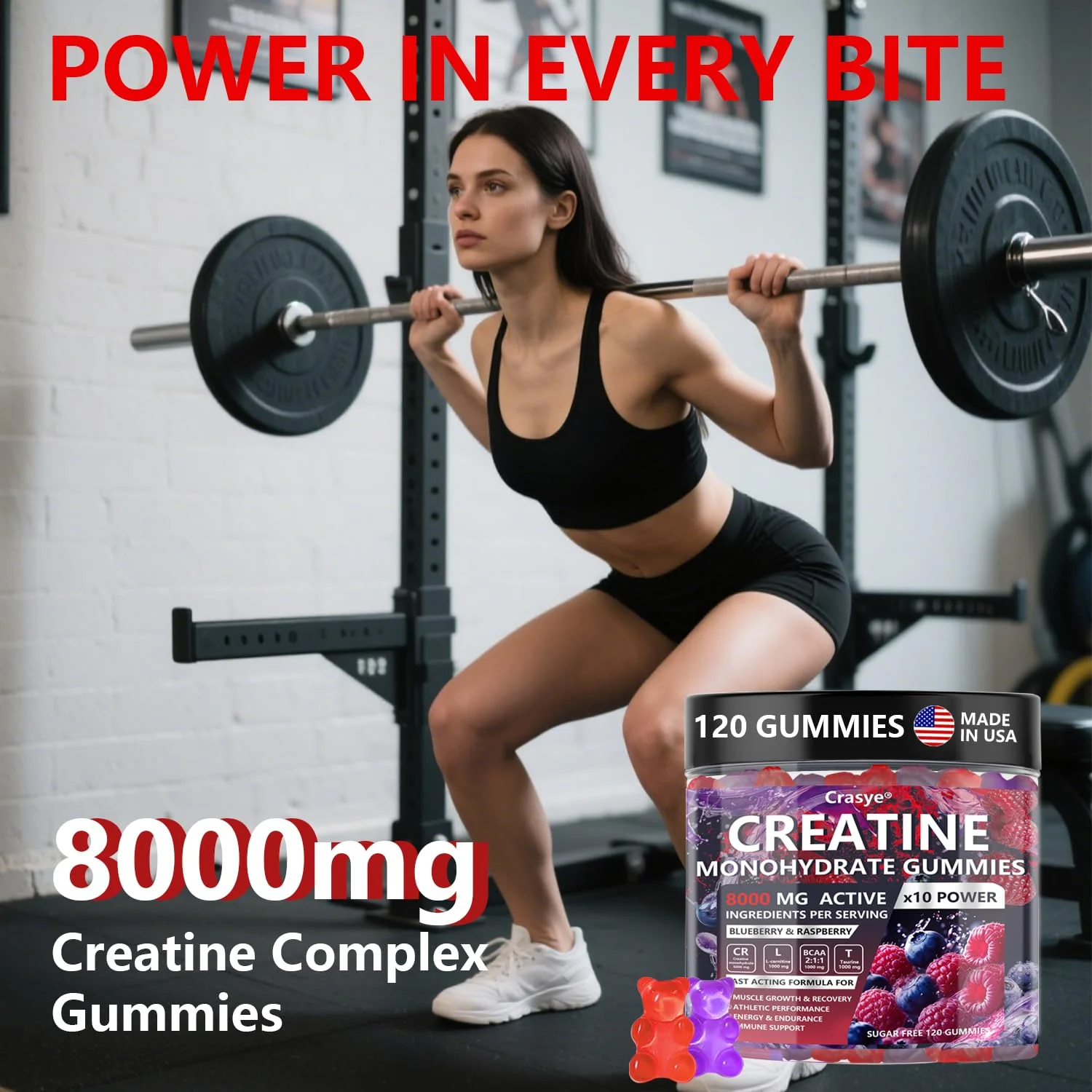 Crasye Creatine Monohydrate Gummies Complex 8000 MG for Men Women, Creatine Gummy with Taurine BCAA for Energy Support and Muscle Strength, Sugar Free Pre-Workout Supplement - Image 5