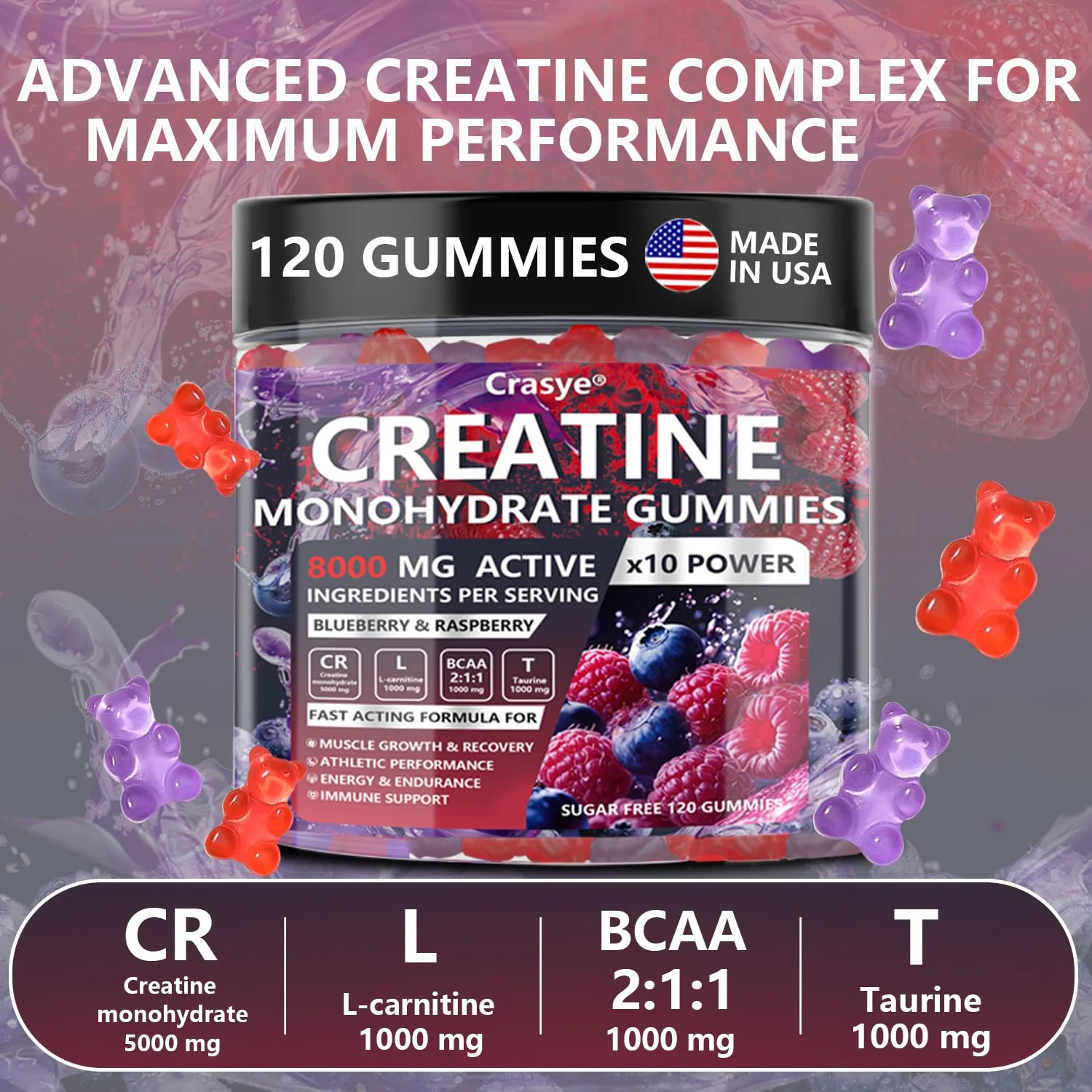 Crasye Creatine Monohydrate Gummies Complex 8000 MG for Men Women, Creatine Gummy with Taurine BCAA for Energy Support and Muscle Strength, Sugar Free Pre-Workout Supplement - Image 6