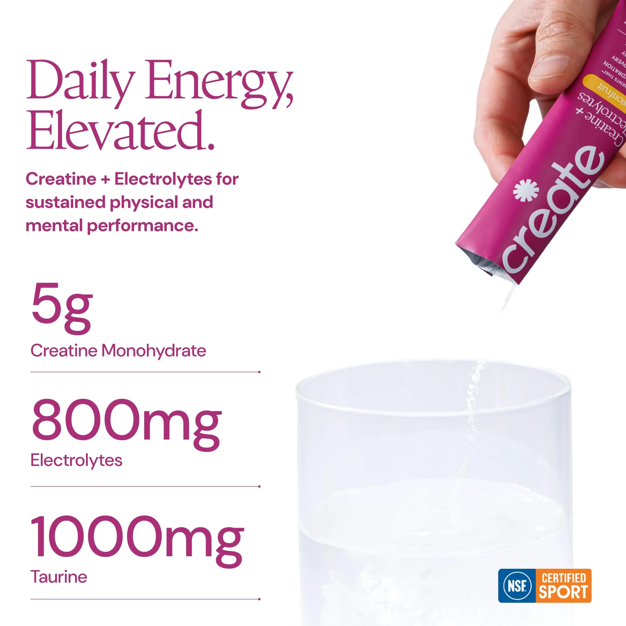 Create Creatine + Electrolytes Mix - Creatine Monohydrate Stick Packs, Supports Energy and Hydration, NSF Certified for Sport, 30 Count, Passion Fruit - Image 3