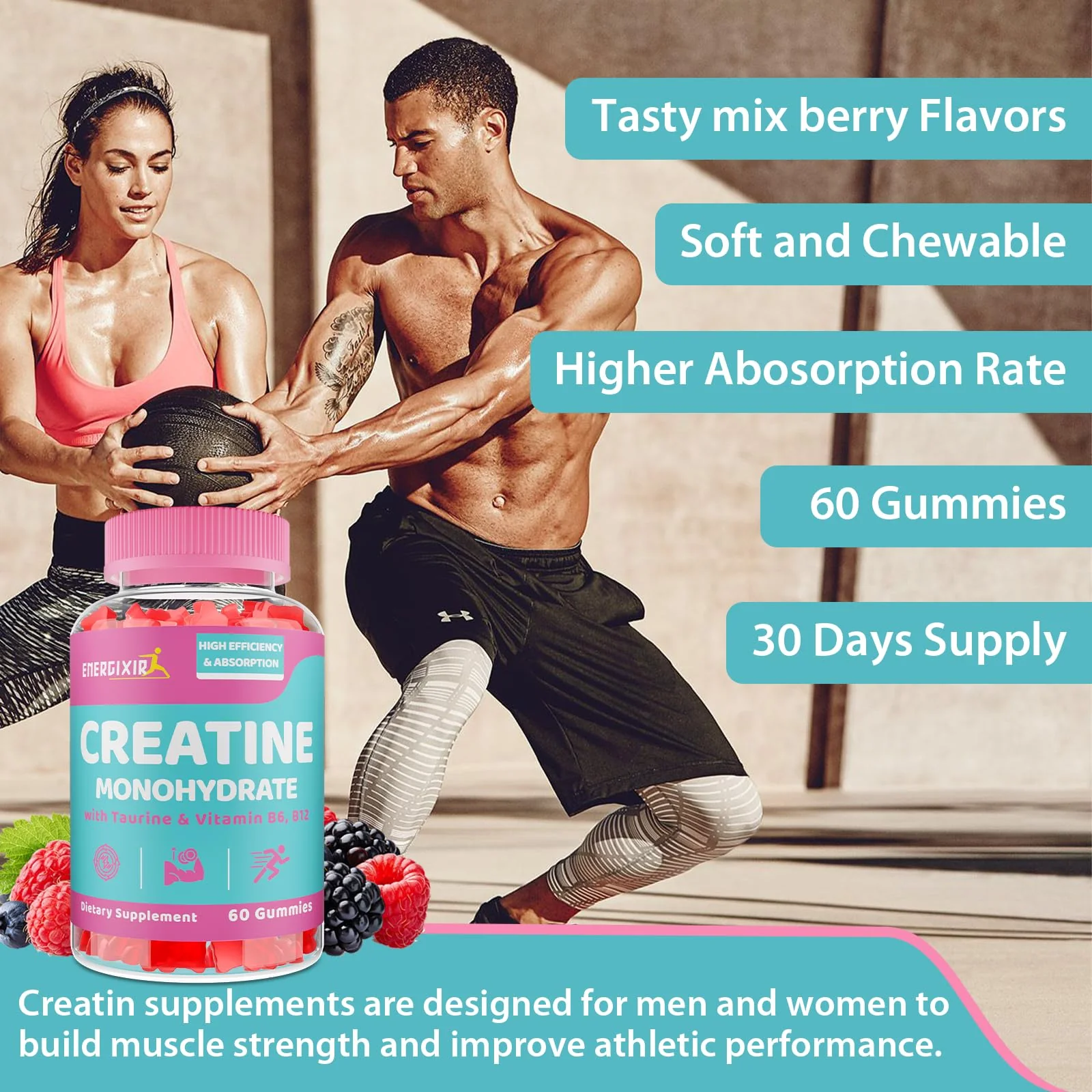 Creatine for Women, Creatine Monohydrate Gummies - No Bloating - Pre and Post Workout Chewables Supplement with Taurine & B6 - for Recovery, Strength, Energy & Booty, Performance, 60 Counts - Image 3