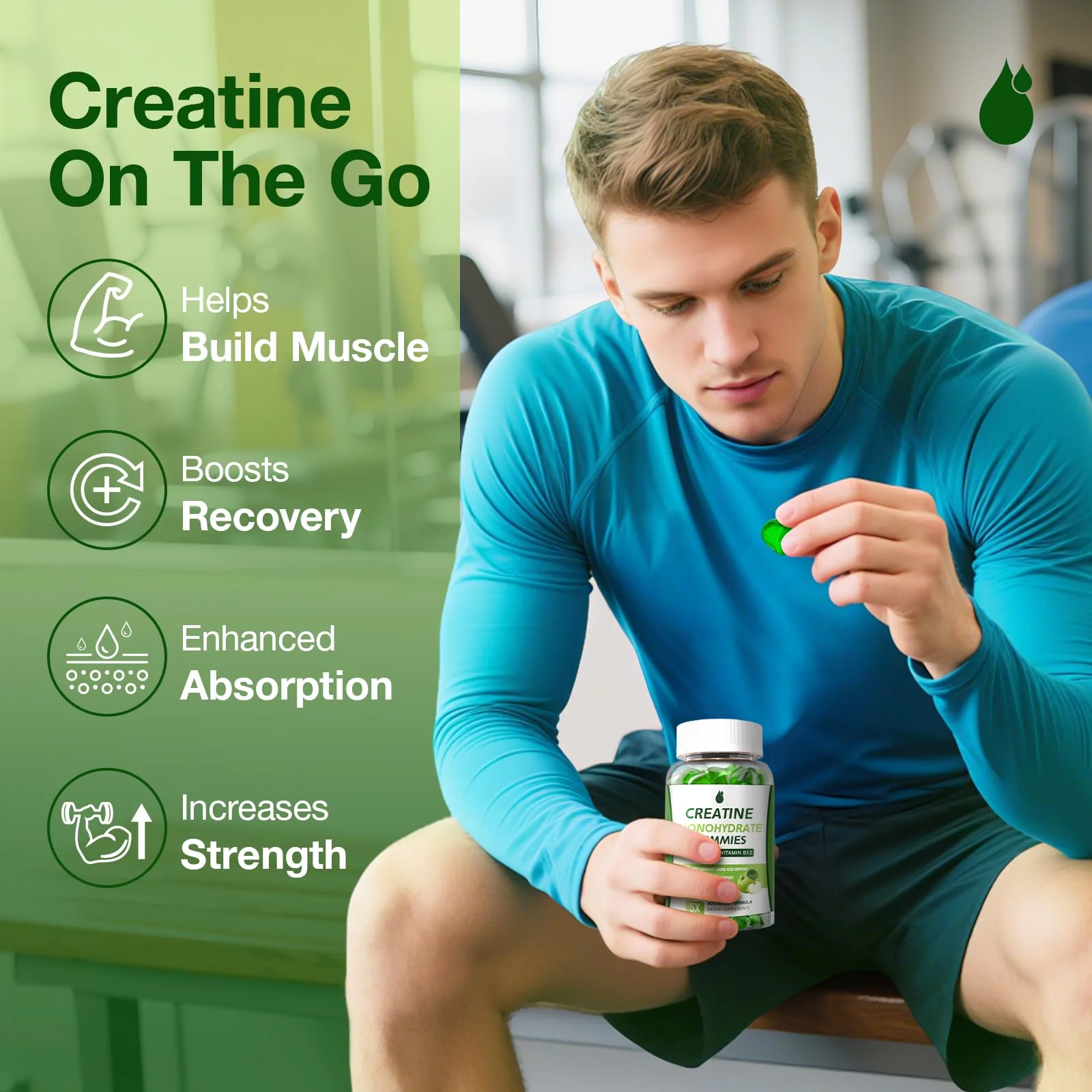 Creatine Gummies for Men & Women - Creatine Monohydrate Gummies 5g, Low Sugar Creatine Supplement for Muscle Builder, Energy Boost & Pre-Workout Supplement, Green Apple Flavor, 160 Gummies (2 Bottles) - Image 7