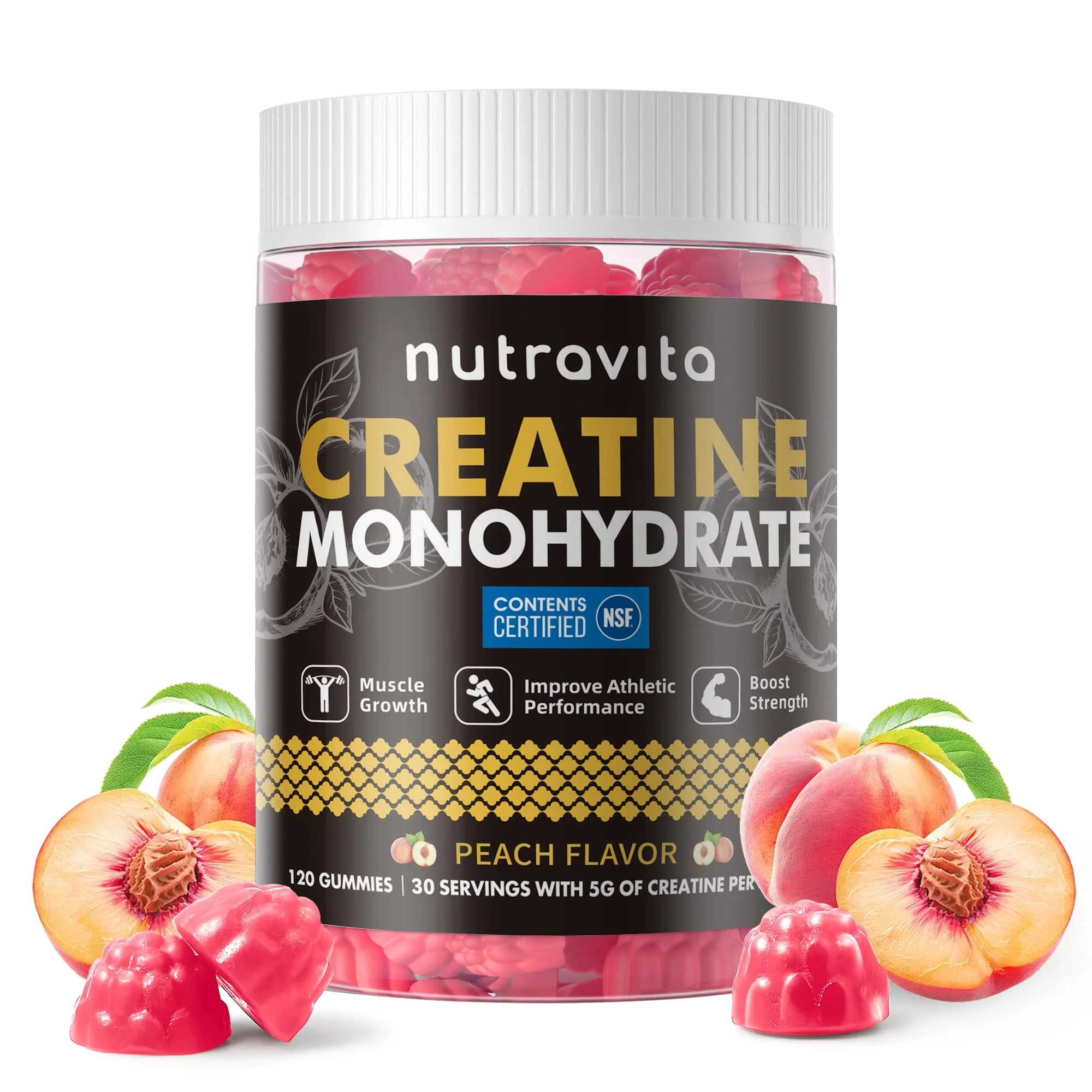 Creatine Monohydrate Gummies for Men & Women-5g of Creatine Monohydrate per Serving - Sugar Free,Vegan, Peach Flavor, 120 Count