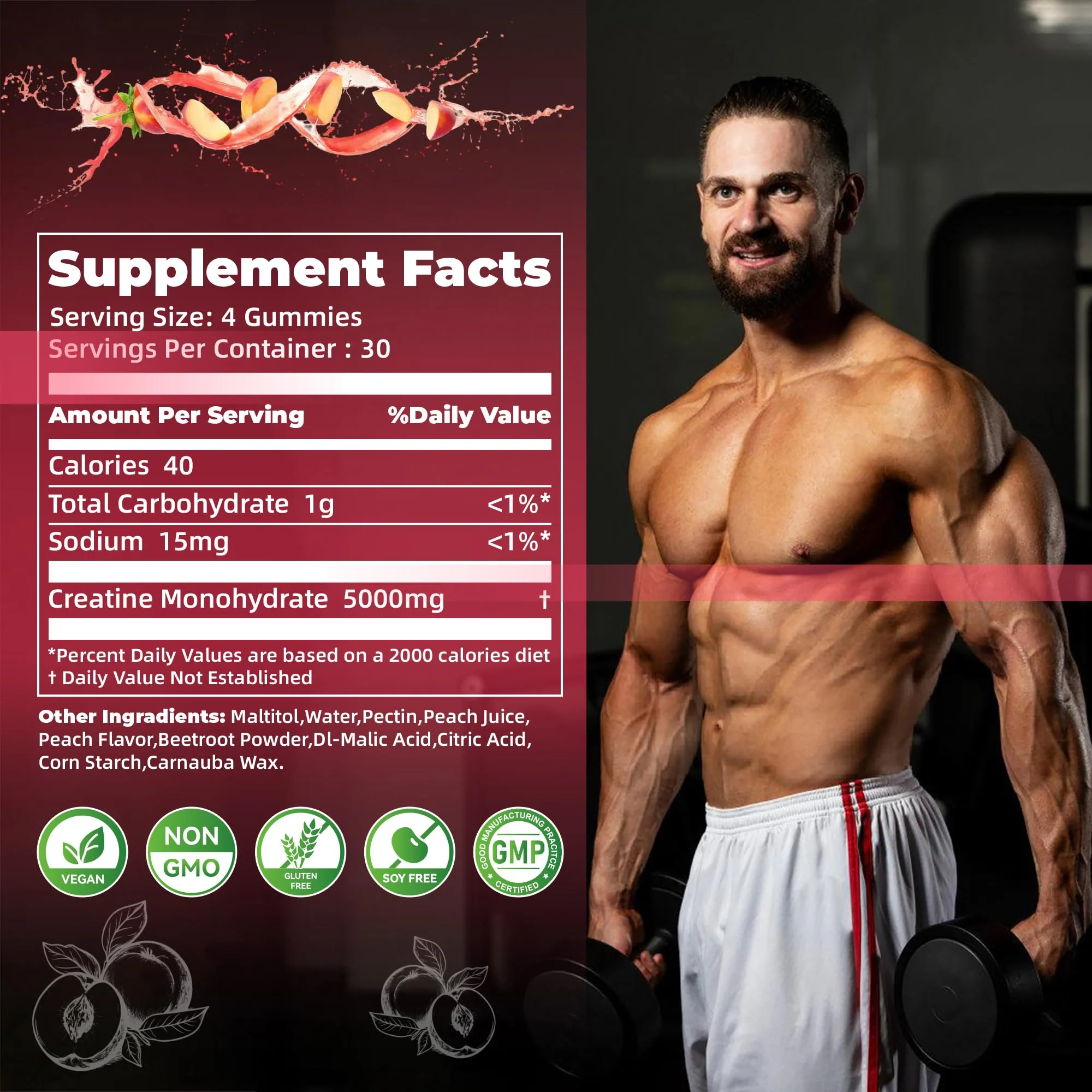Creatine Monohydrate Gummies for Men & Women-5g of Creatine Monohydrate per Serving - Sugar Free,Vegan, Peach Flavor, 120 Count - Image 2