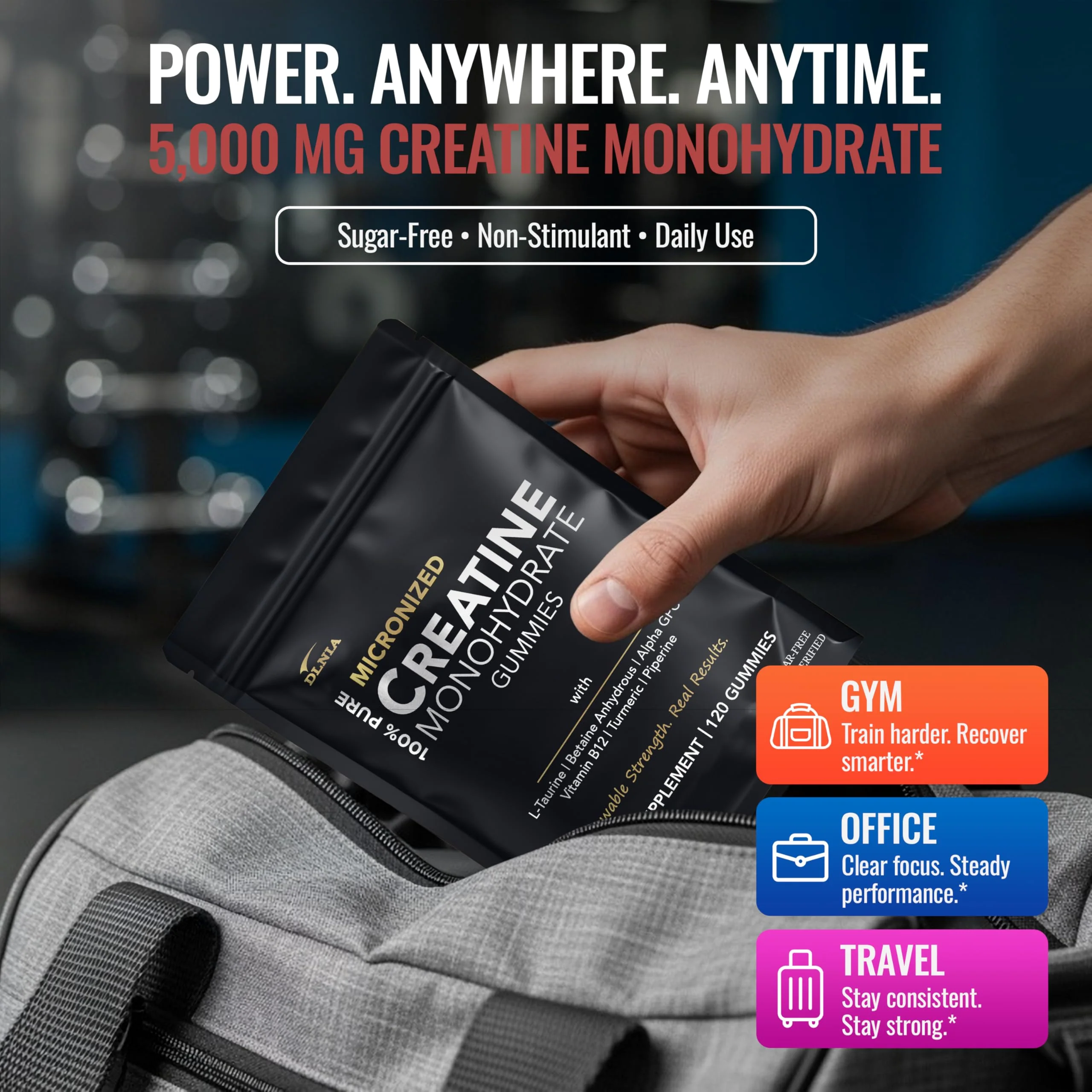 Creatine Monohydrate Gummies for Men & Women - Sugar Free & Vegan Advanced Formula W/L-Taurine + Vitamin B12 - for Muscle Strength, Muscles Builder, Recovery, Energy Boost, Pre-Workout Supplement - Image 4