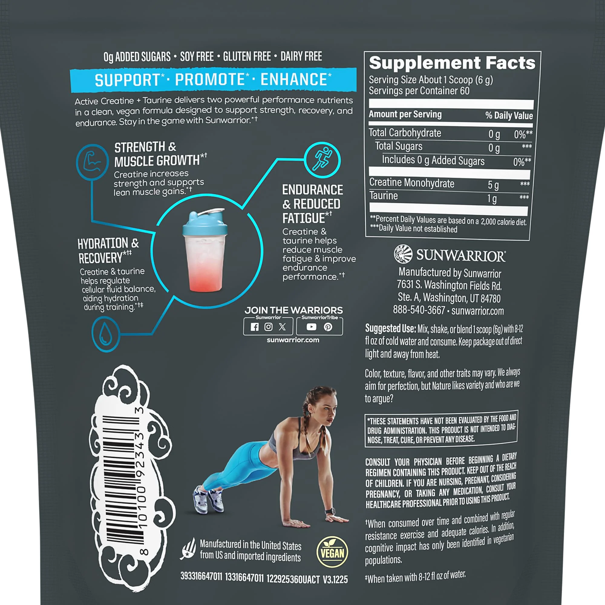 Creatine Monohydrate Powder Taurine Supplement, 5g Creatine Monohydrate 1g Taurine per Serving | Vegan Muscle Strength, Endurance & Recovery Support, Clean Performance Formula | 60 Servings Unflavored - Image 2