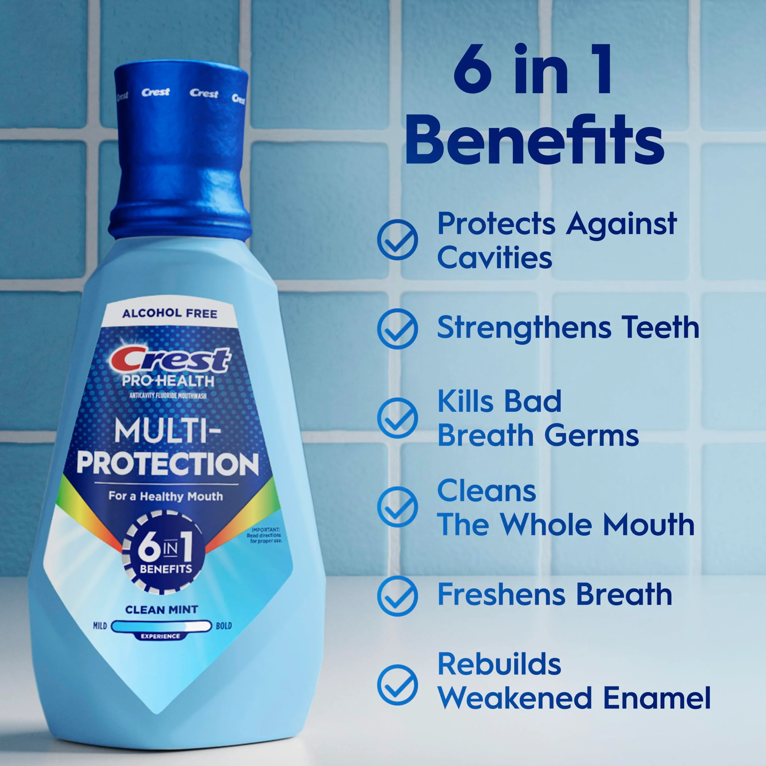 Crest Mouthwash Pro Health Multi-Protection, 6-in-1 Benefits, Alcohol Free, Anticavity Fluoride, Contains CPC (cetylpyridinium Chloride), Clean Mint, 1 L (33.8 fl oz), Pack of 2 - Image 3