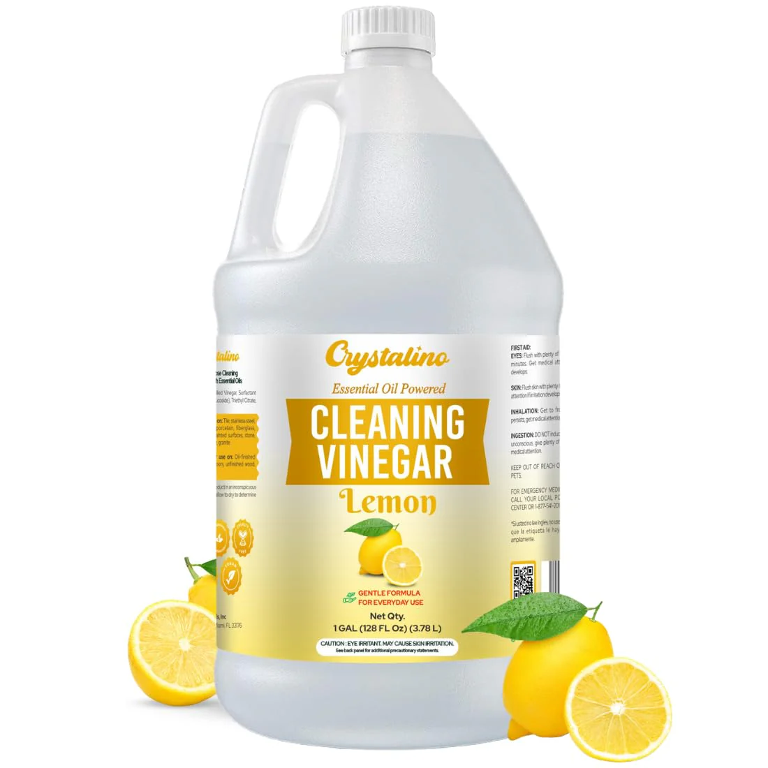 Crystalino Lemon Essential Oil Cleaning Vinegar (1 Gallon) 6% Non-Toxic Distilled White, Vinegar for Cleaning Purpose, Vinagre Blanco, Vinger (128 Fl Oz (Pack of 1), Lemon)