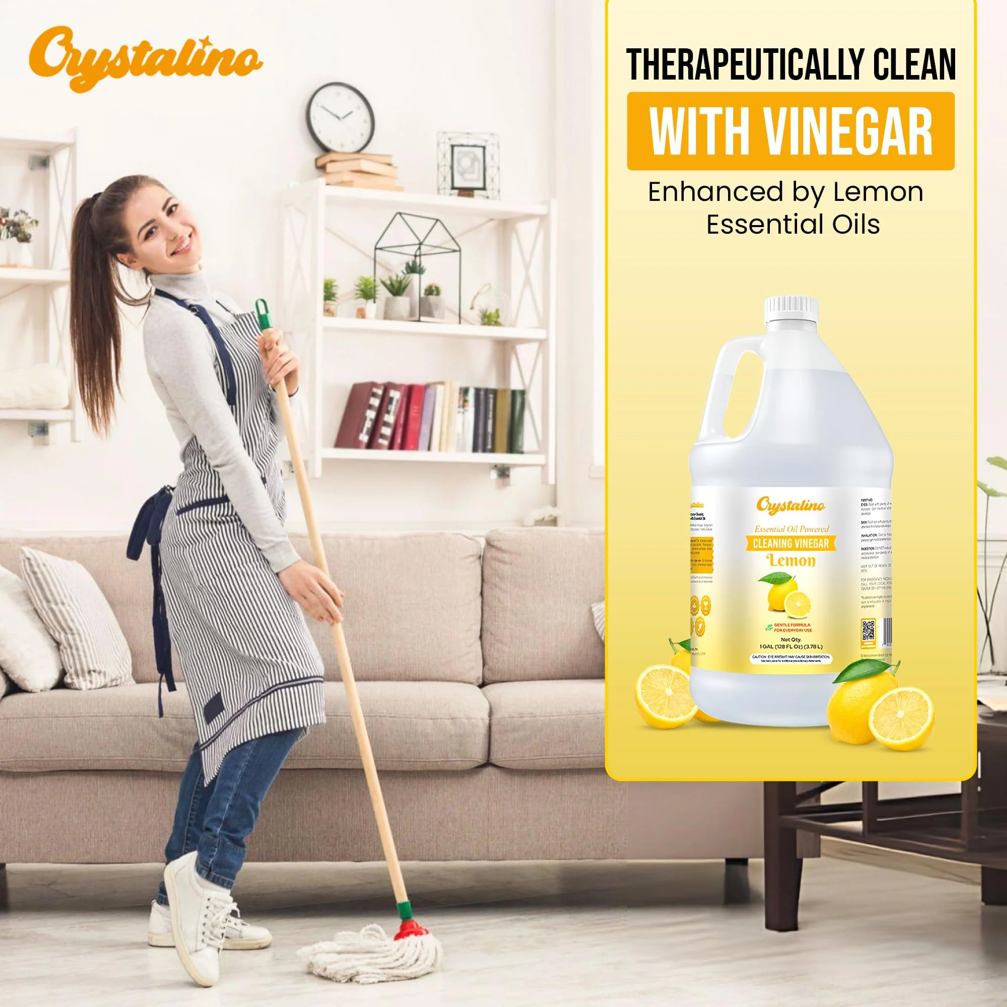Crystalino Lemon Essential Oil Cleaning Vinegar (1 Gallon) 6% Non-Toxic Distilled White, Vinegar for Cleaning Purpose, Vinagre Blanco, Vinger (128 Fl Oz (Pack of 1), Lemon) - Image 3