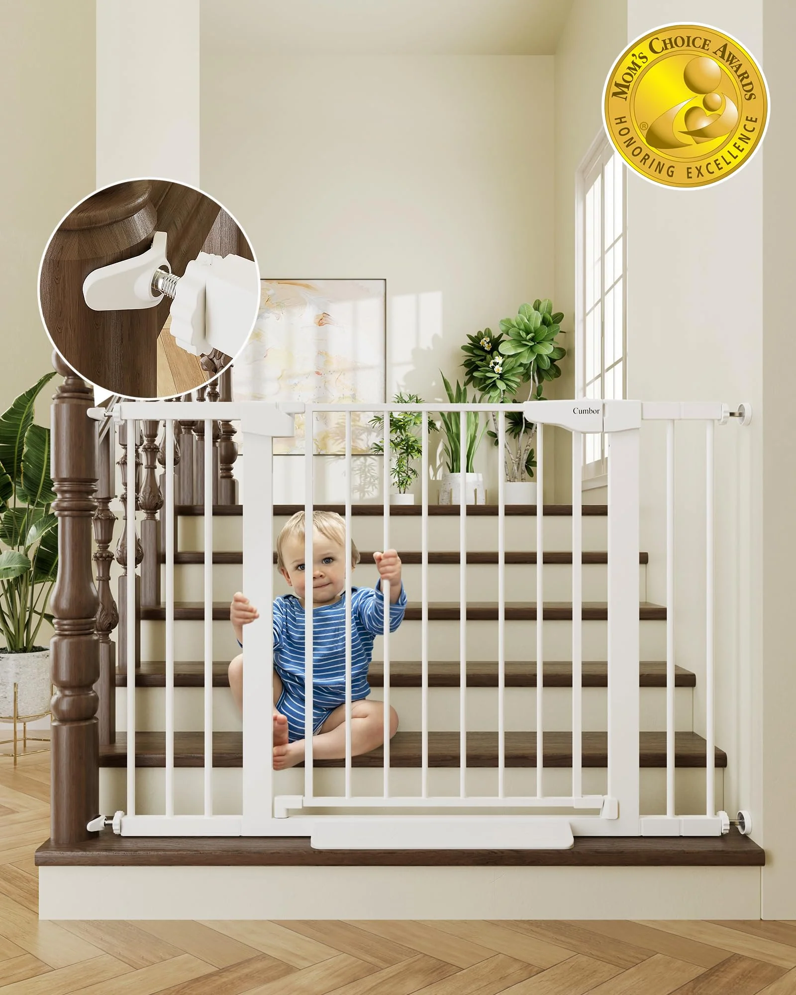 Cumbor 43.5" Auto Close Safety Baby Gate, Extra Tall and Wide Child Gate, Easy Walk Thru Durability Dog Gate for The House, Stairs, Doorways. Includes 4 Wall Cups, 2.75-Inch and 8.25-Inch Extension, W