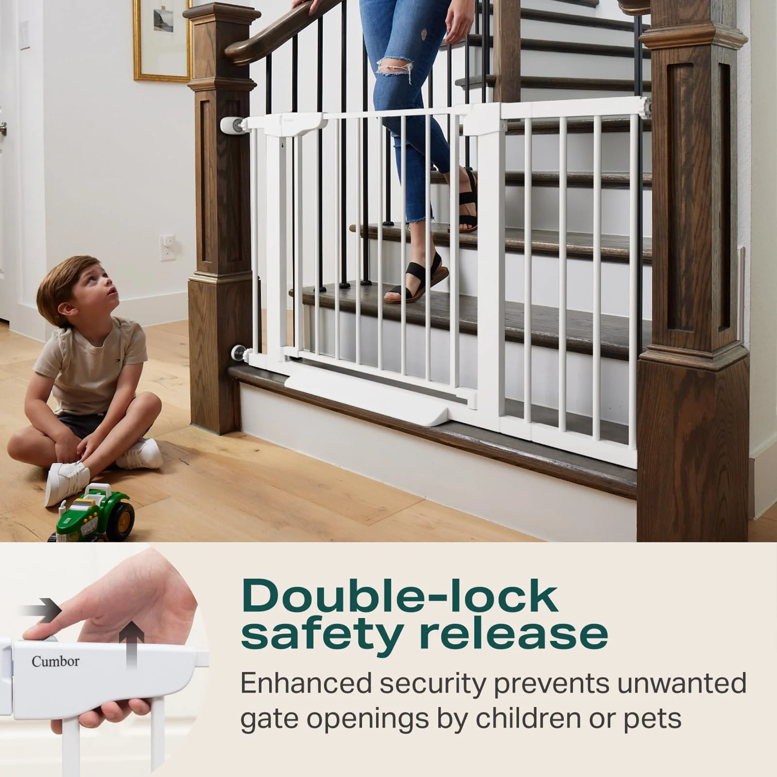 Cumbor 43.5" Auto Close Safety Baby Gate, Extra Tall and Wide Child Gate, Easy Walk Thru Durability Dog Gate for The House, Stairs, Doorways. Includes 4 Wall Cups, 2.75-Inch and 8.25-Inch Extension, W - Image 4