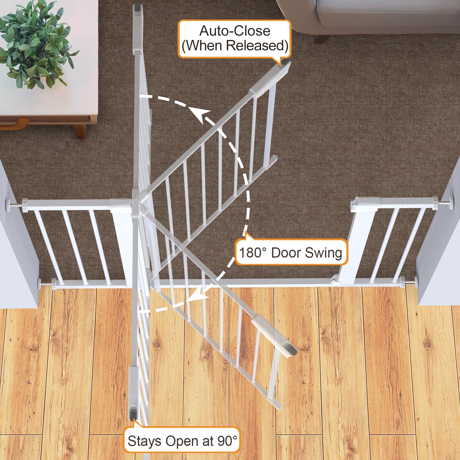 Cumbor 43.5" Auto Close Safety Baby Gate, Extra Tall and Wide Child Gate, Easy Walk Thru Durability Dog Gate for The House, Stairs, Doorways. Includes 4 Wall Cups, 2.75-Inch and 8.25-Inch Extension, W - Image 7