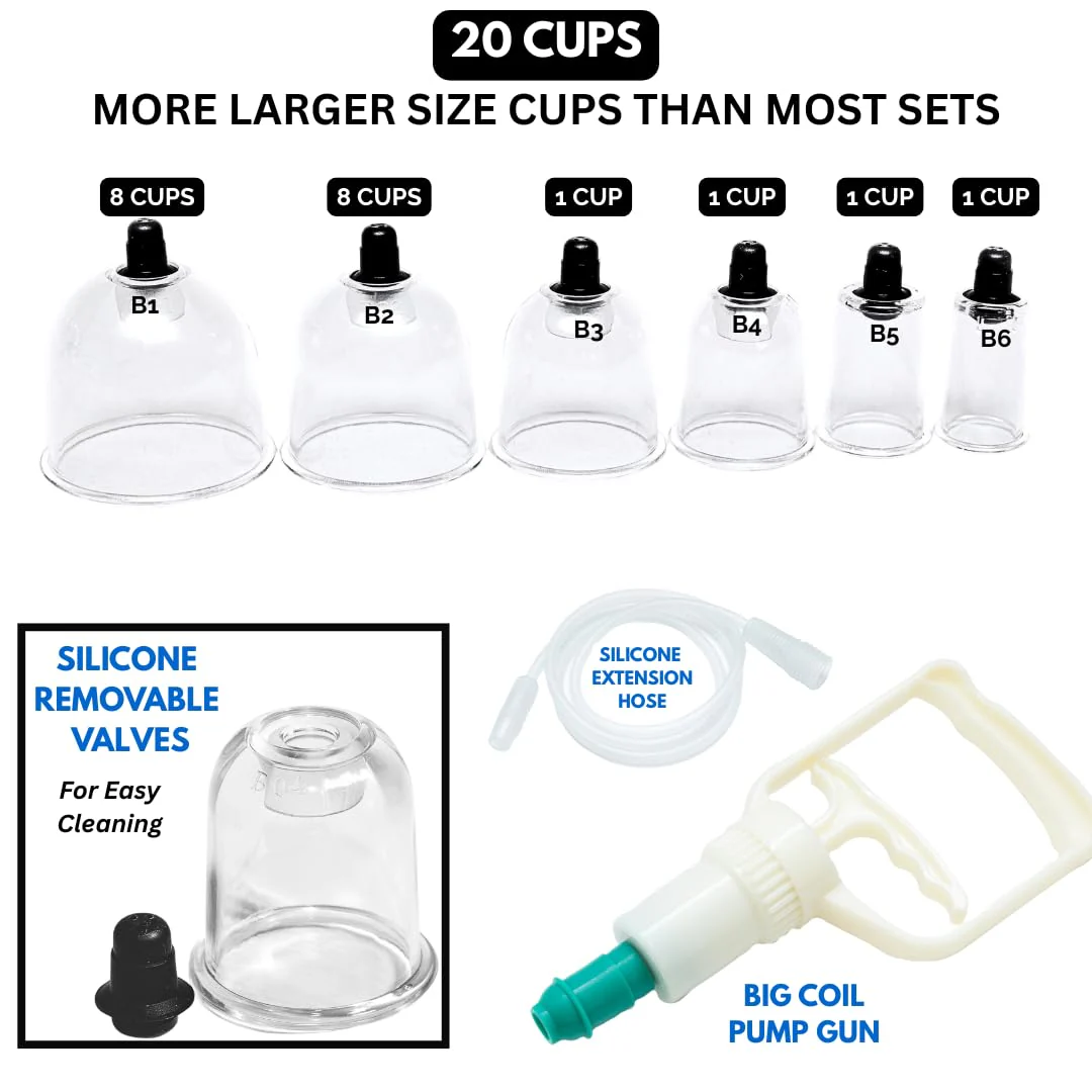 Cupping Warehouse TM Cupping Warehouse 20 Poly Professional Cupping Therapy Set – 20 Vacuum Cups with Pump Gun, Extension Tube for Massage Therapy, Myofascial Release, Pain Relief - Image 2