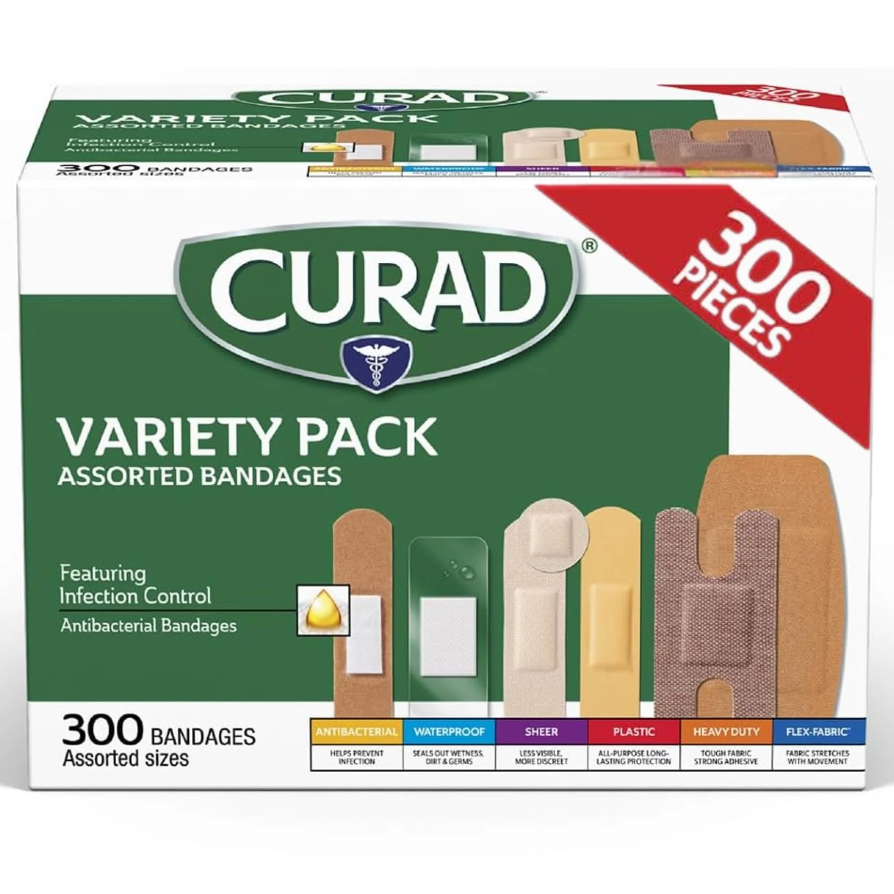 CURAD Assorted Bandages Variety Pack, 300 Count, 6 Styles Including Antibacterial Waterproof, Sheer, Plastic, Heavy Duty & Flex-Fabric, Protects Scrapes, Cuts & Burns, Latex-Free