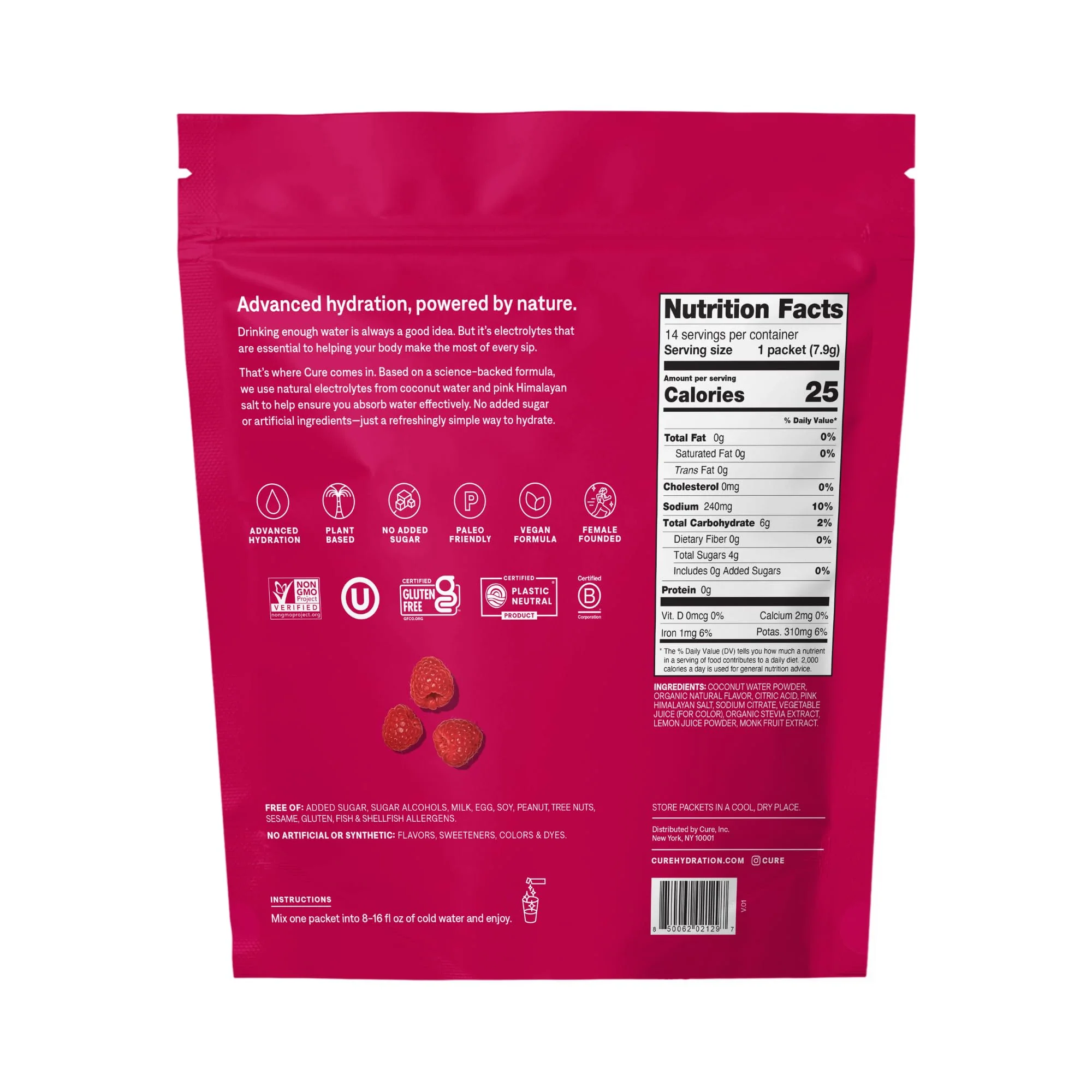 Cure Hydration | Plant-Based Electrolyte Drink Mix | No Added Sugar | Dehydration Relief Powder Made with Coconut Water | Non-GMO | Vegan | Pouch of 14 Packets - Raspberry - Image 2