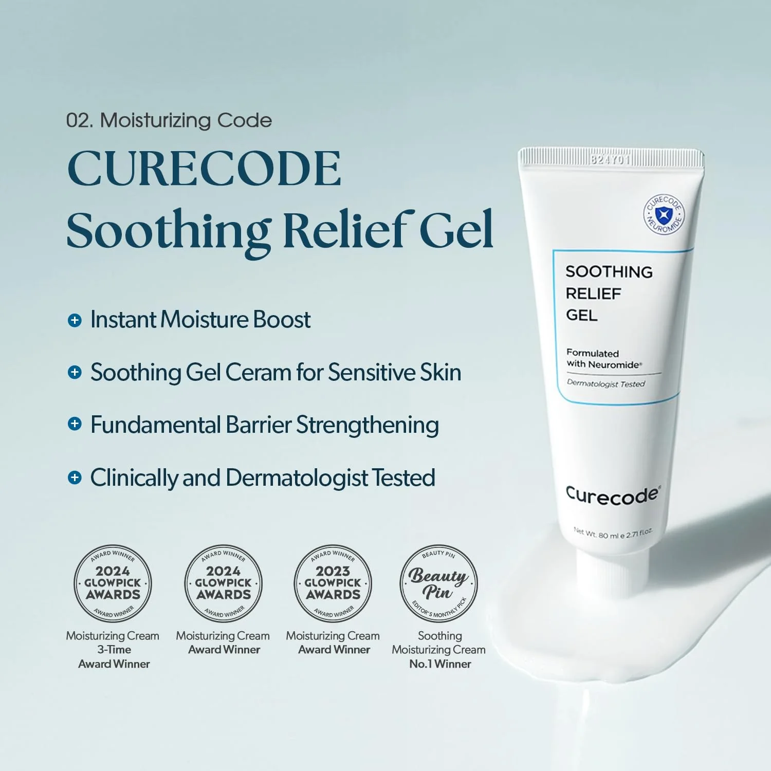 CURECODE Soothing Relief Gel Moisturizer 80ml (2.71 Fl Oz) Korean Skin-Biome Science with Neuromide, Ceramides for Calming, Hydration with Skin Barrier, Pore Refinement, and Gentle for All Ages - Image 8