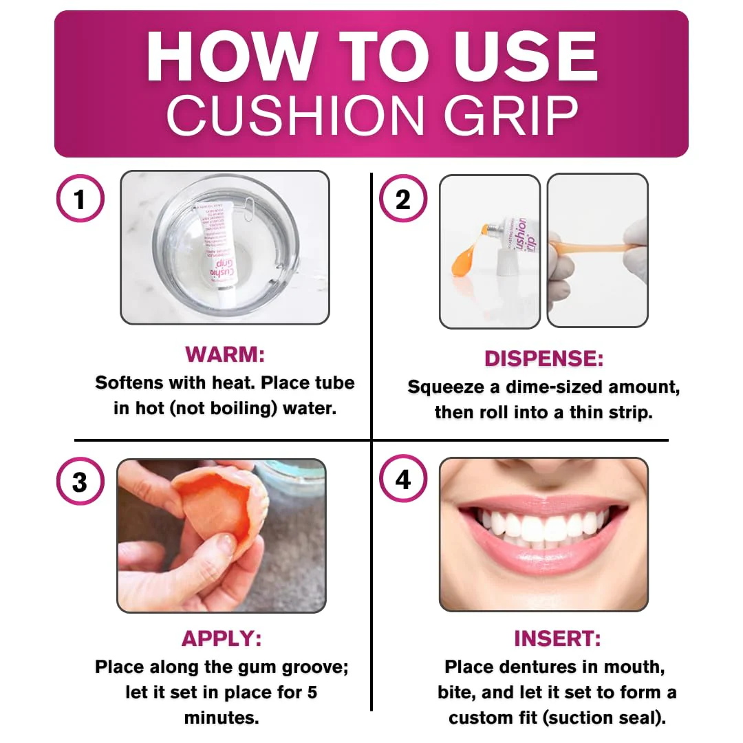 Cushion Grip Thermoplastic Denture Adhesive – Refits & Tightens Loose Dentures, Works Like a Denture Reliner for a Long-Lasting, Secure Fit & Comfort, Cushions Gums, Waterproof & Zinc-Free - 1 oz - Image 8