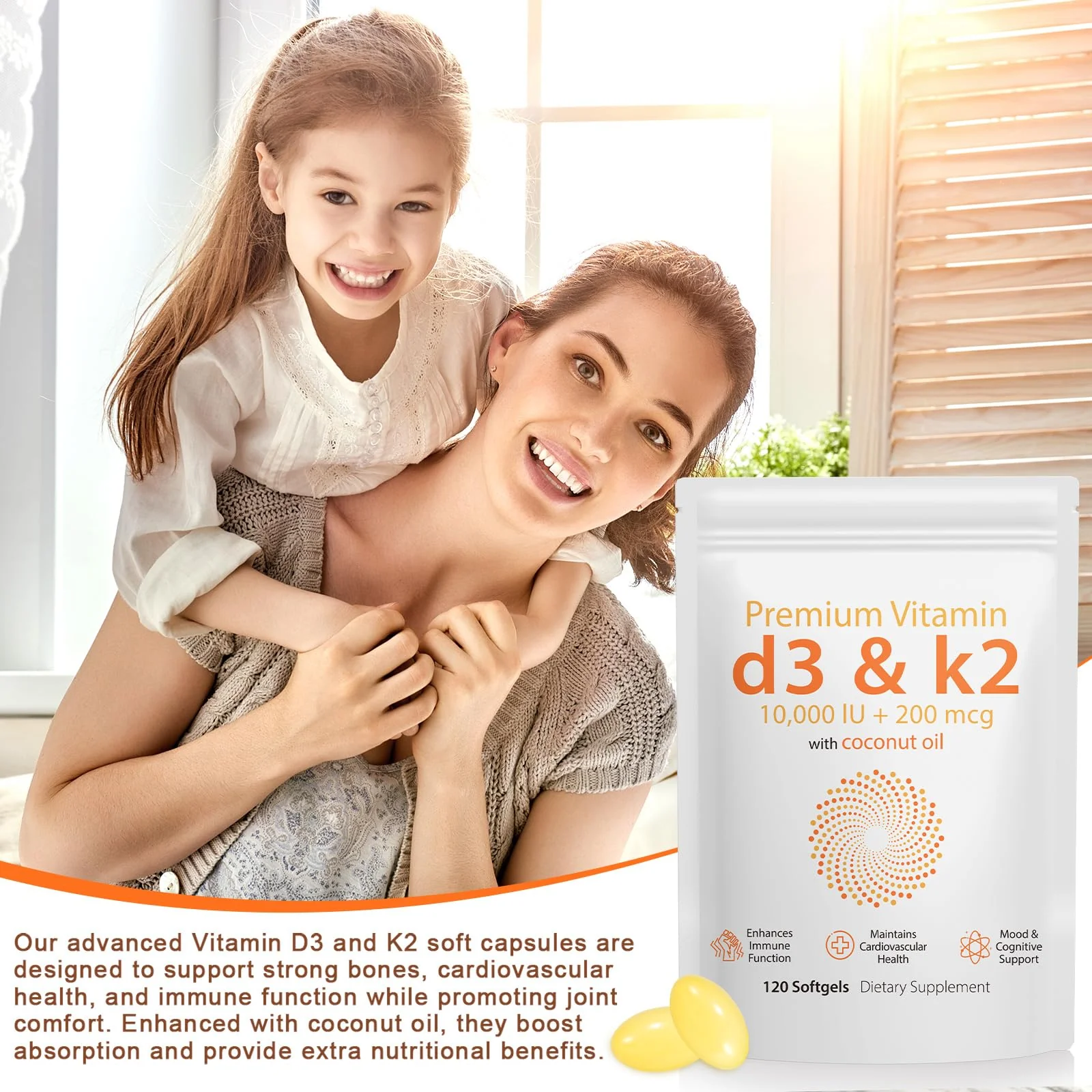 D3 K2 Vitamin 10000 IU - 240 Virgin Coconut Oil Softgels, 2 in 1 Vitamin D & K Complex Supplement Softgel - Immune Support and Calcium Absorption, Bone and Heart Health (240 Count (Pack of 2)) - Image 2
