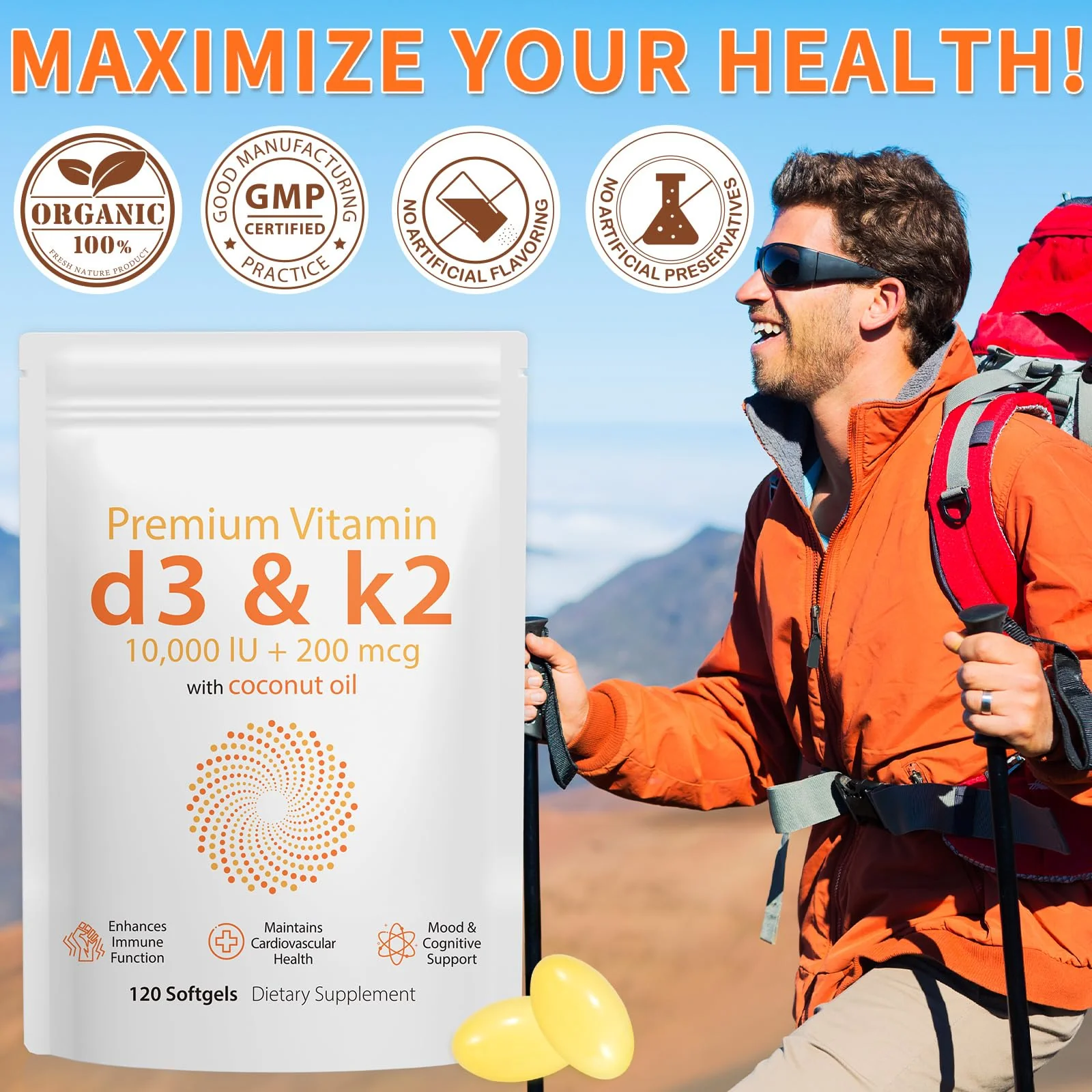 D3 K2 Vitamin 10000 IU - 240 Virgin Coconut Oil Softgels, 2 in 1 Vitamin D & K Complex Supplement Softgel - Immune Support and Calcium Absorption, Bone and Heart Health (240 Count (Pack of 2)) - Image 4