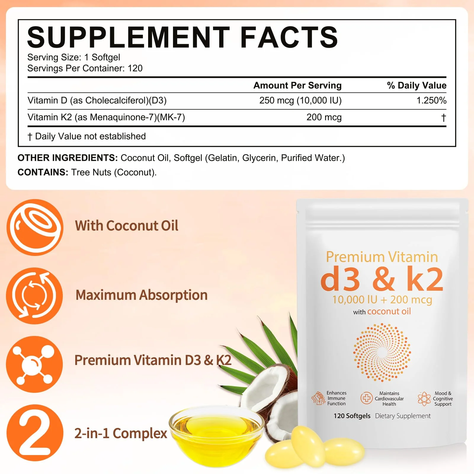 D3 K2 Vitamin 10000 IU - 240 Virgin Coconut Oil Softgels, 2 in 1 Vitamin D & K Complex Supplement Softgel - Immune Support and Calcium Absorption, Bone and Heart Health (240 Count (Pack of 2)) - Image 6