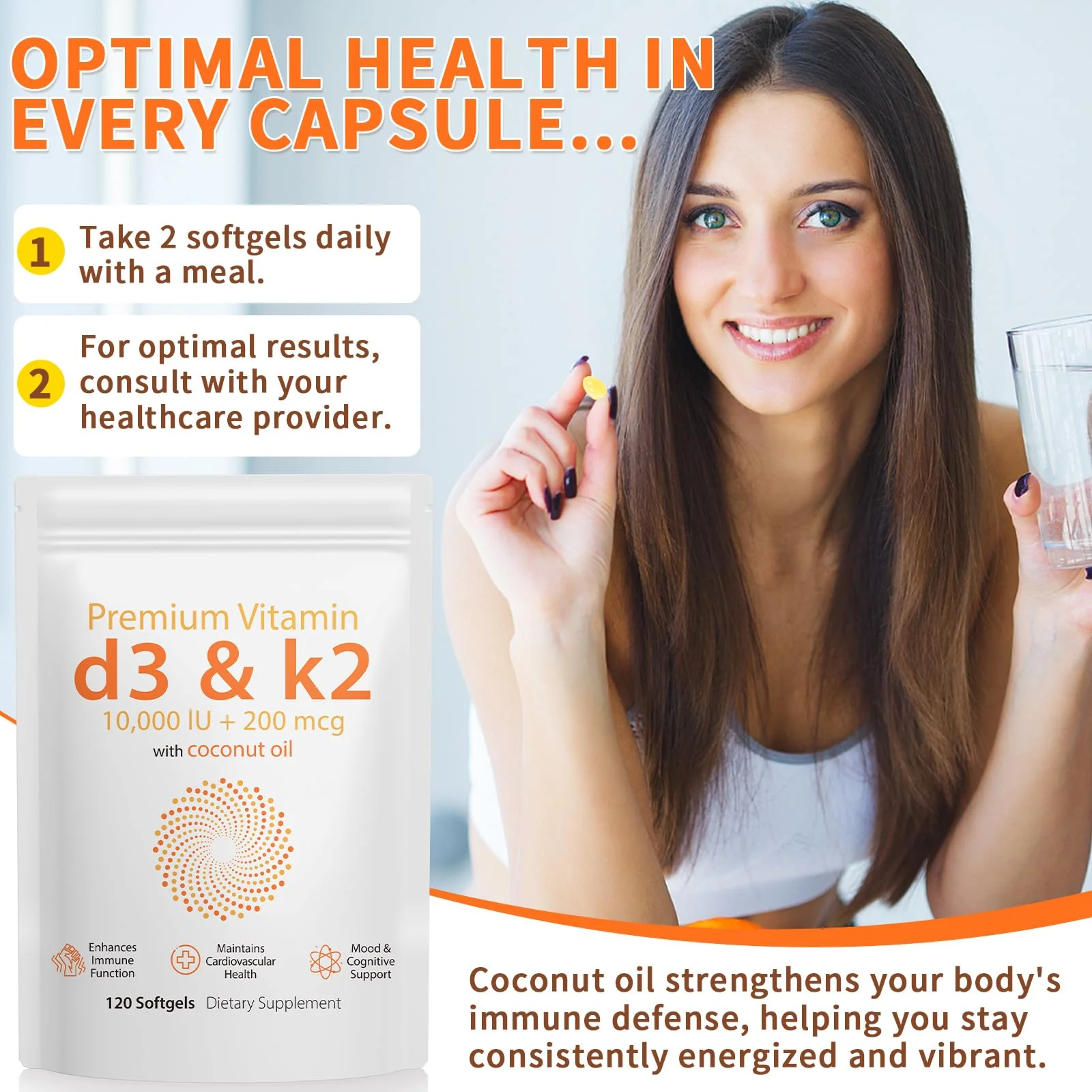 D3 K2 Vitamin 10000 IU - 240 Virgin Coconut Oil Softgels, 2 in 1 Vitamin D & K Complex Supplement Softgel - Immune Support and Calcium Absorption, Bone and Heart Health (240 Count (Pack of 2)) - Image 8