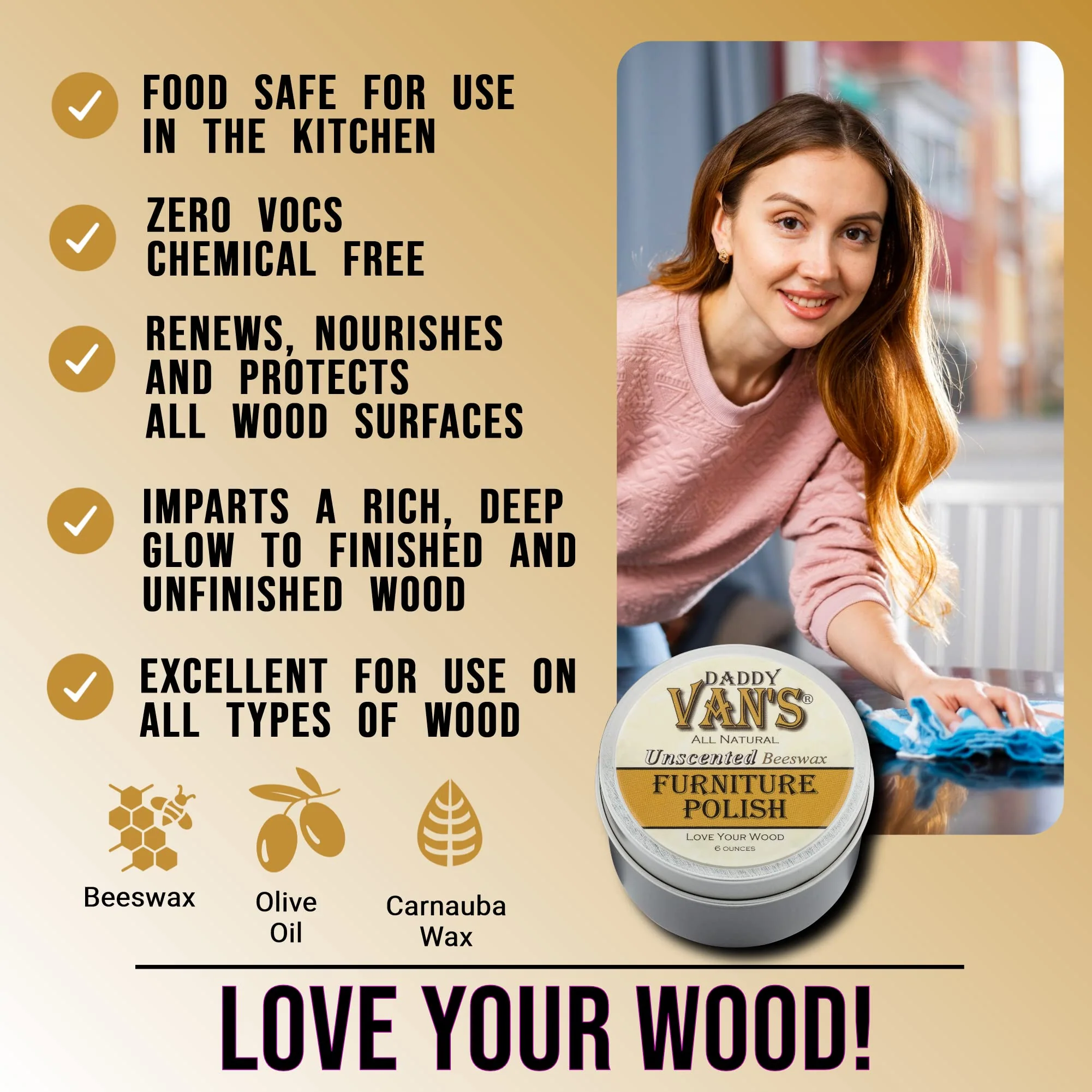 Daddy Van's All Natural Beeswax Furniture Polish – Unscented, Food-Safe Wood Wax for Furniture, Cabinets, Antiques & Butcher Blocks – Non-Toxic, Conditioning & Protective Finish for Wood Surfaces - Image 2