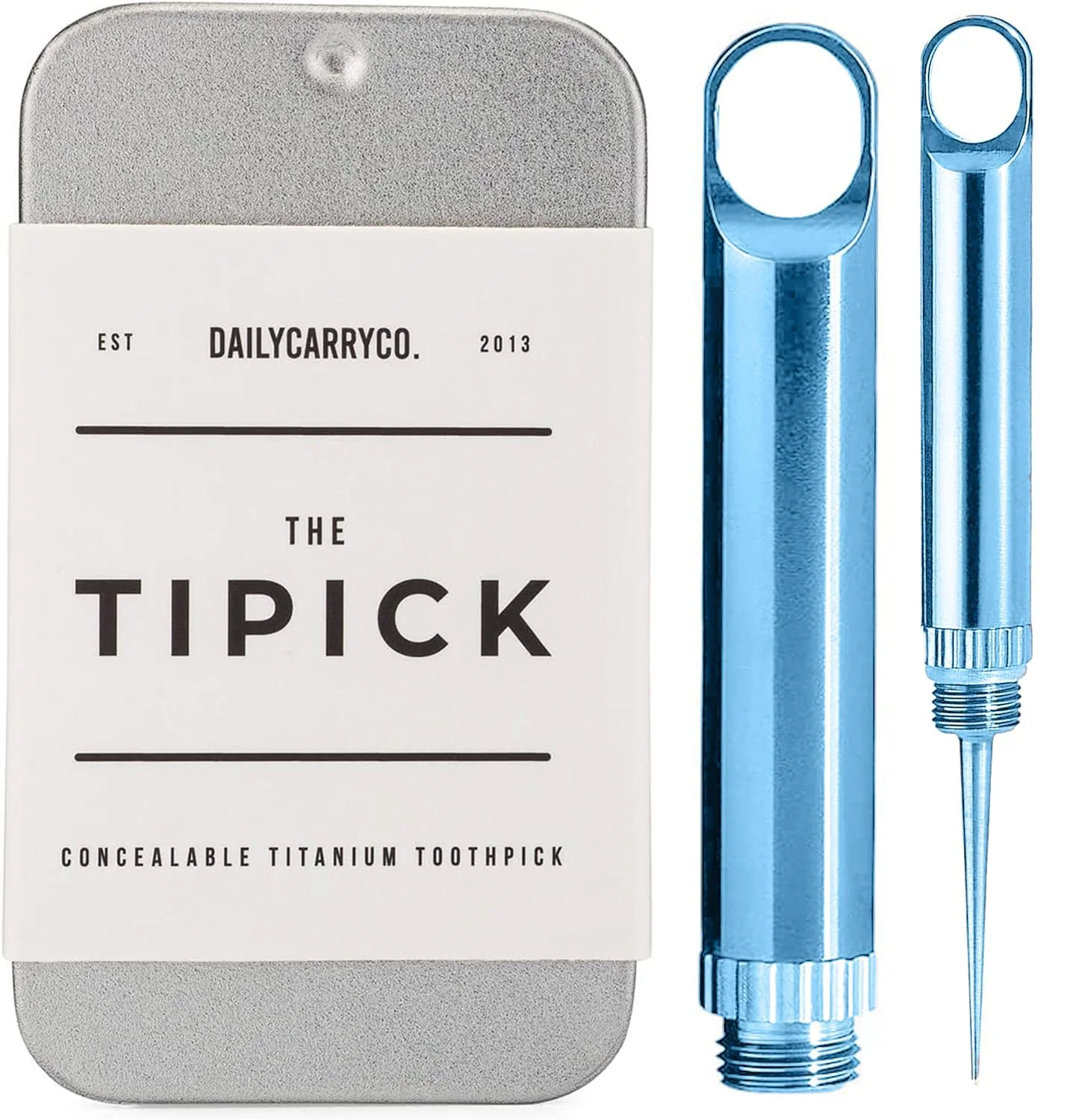 DAILYCARRYCO. TiPick Titanium Toothpick - Portable Metal Travel - Reusable EDC Micro Toothpick - Compact & Convenient - Carry On-The-Go - Titanium Construction, Ice Blue