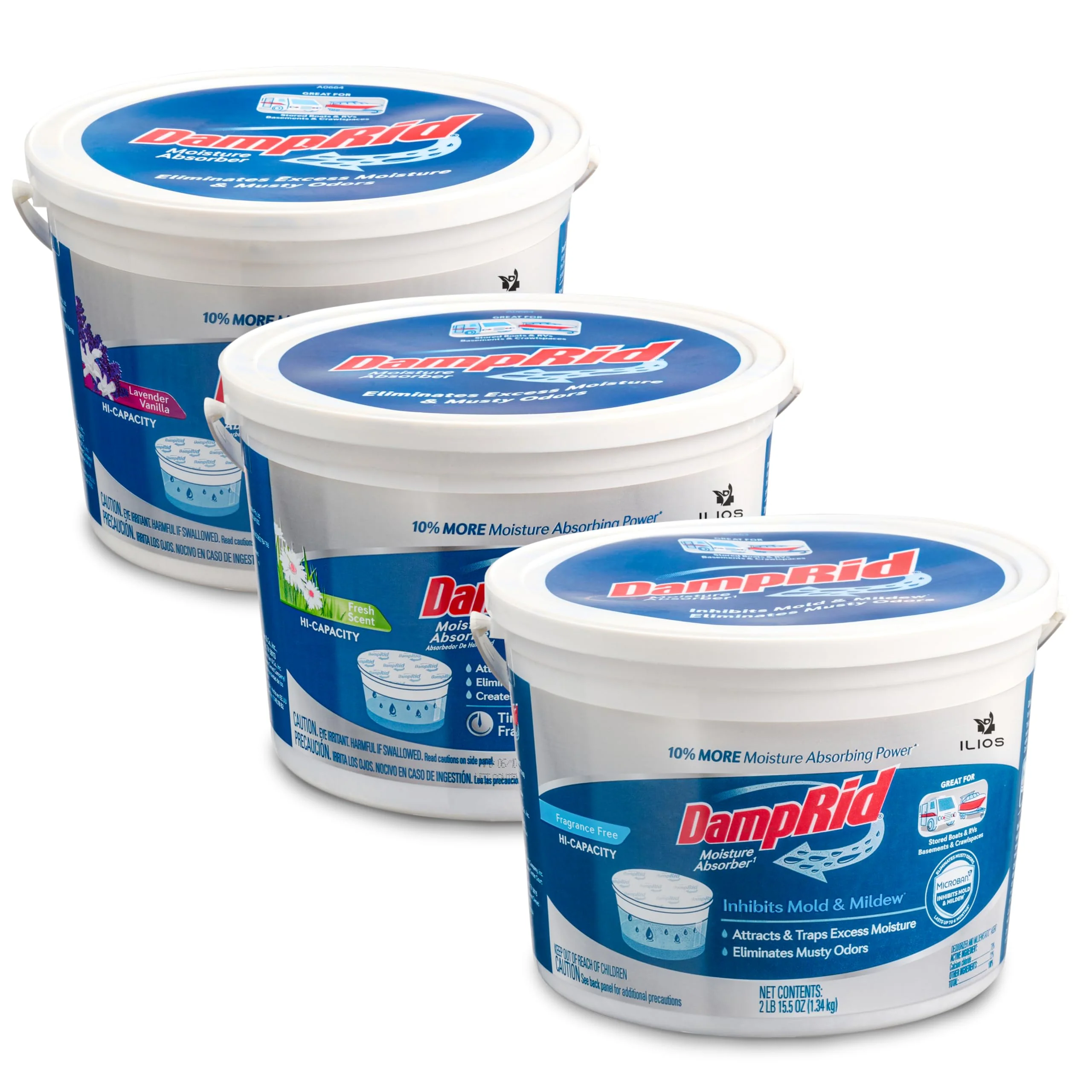DampRid Hi-Capacity Moisture Absorber Damp Rid Bucket - 3 Pack (2 lb. each) Fragrance Free, Fresh Scent, Lavender Vanilla - Attracts & Traps Excess Moisture. Packed By ILIOS