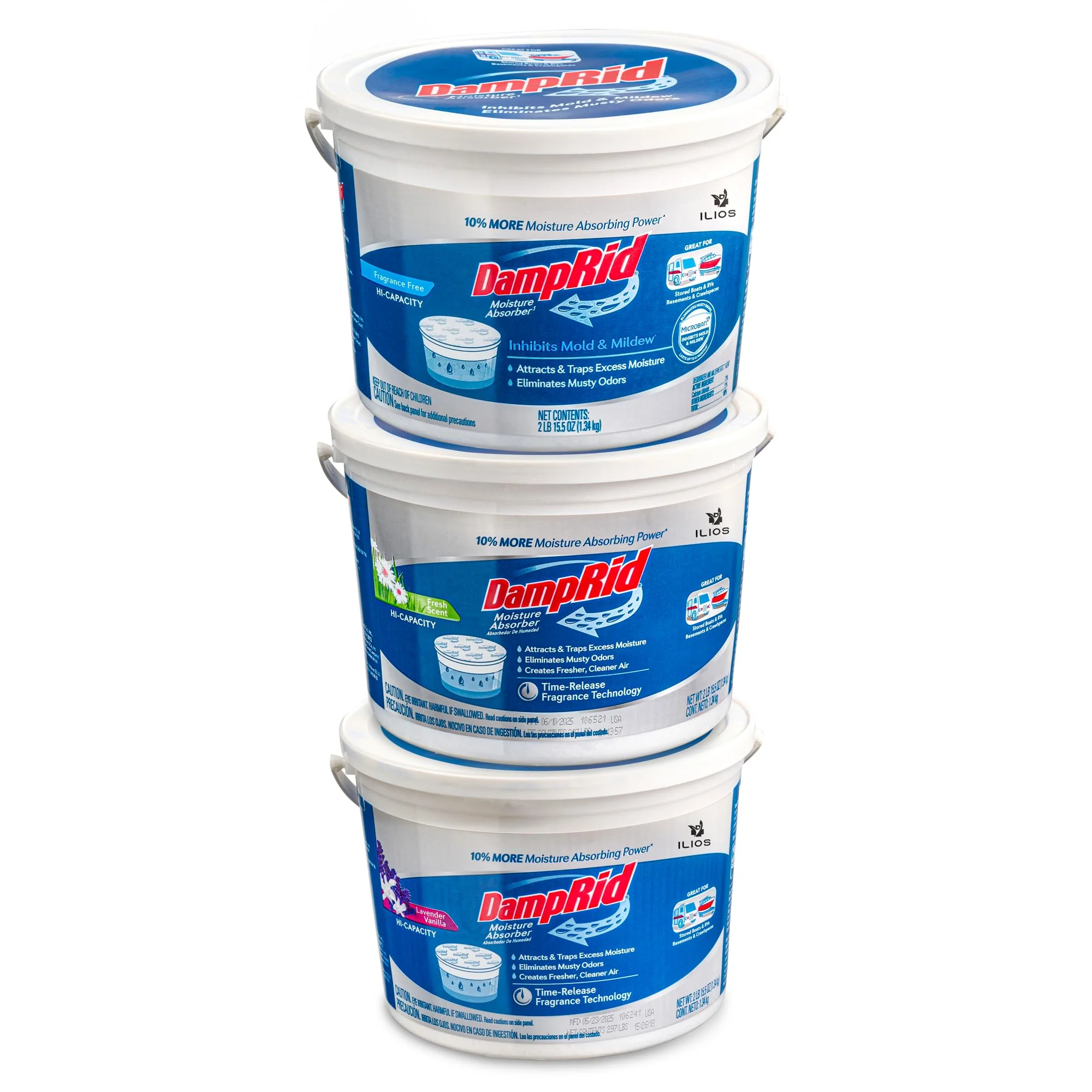 DampRid Hi-Capacity Moisture Absorber Damp Rid Bucket - 3 Pack (2 lb. each) Fragrance Free, Fresh Scent, Lavender Vanilla - Attracts & Traps Excess Moisture. Packed By ILIOS - Image 8