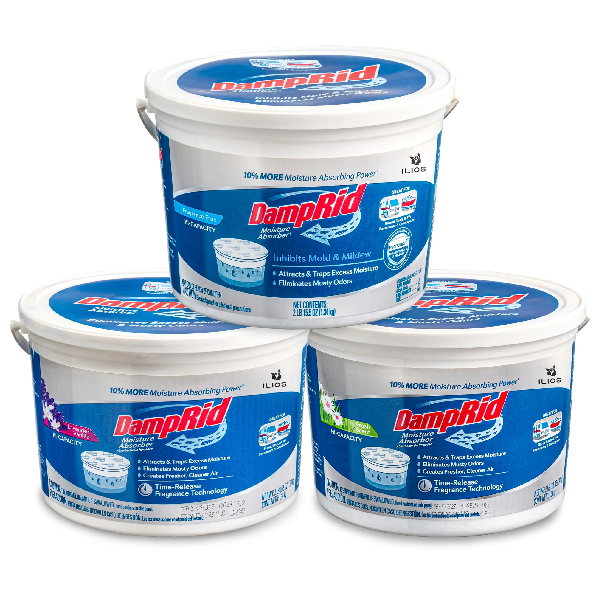 DampRid Hi-Capacity Moisture Absorber Damp Rid Bucket - 3 Pack (2 lb. each) Fragrance Free, Fresh Scent, Lavender Vanilla - Attracts & Traps Excess Moisture. Packed By ILIOS - Image 9