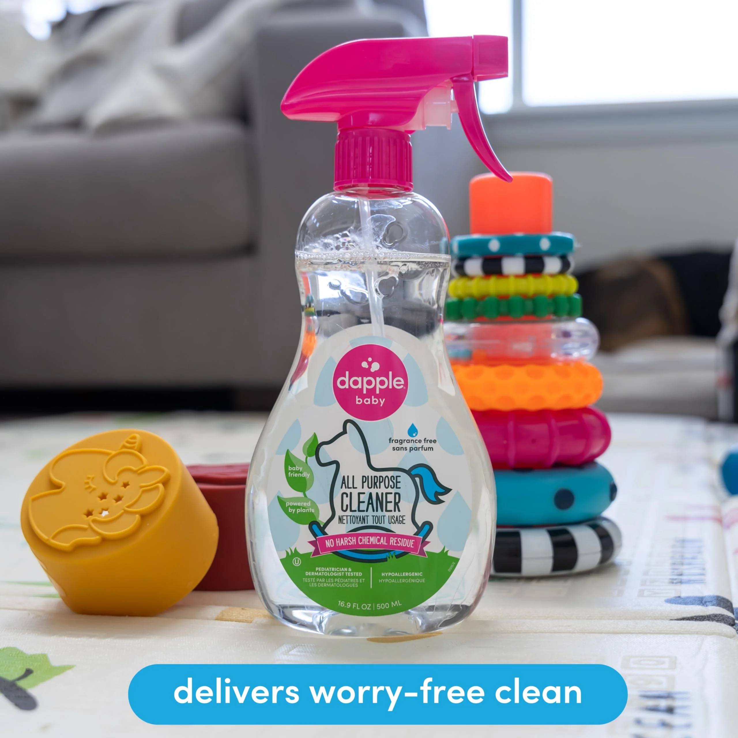 Dapple Baby All Purpose Cleaning Spray, Hypoallergenic for Toys, High Chairs, Swings, Counters, Powered by Plants, 1 Pump Included, Fragrance Free, 16.9 Fl Oz (Pack of 2) + 30 Count Wipes - Image 3