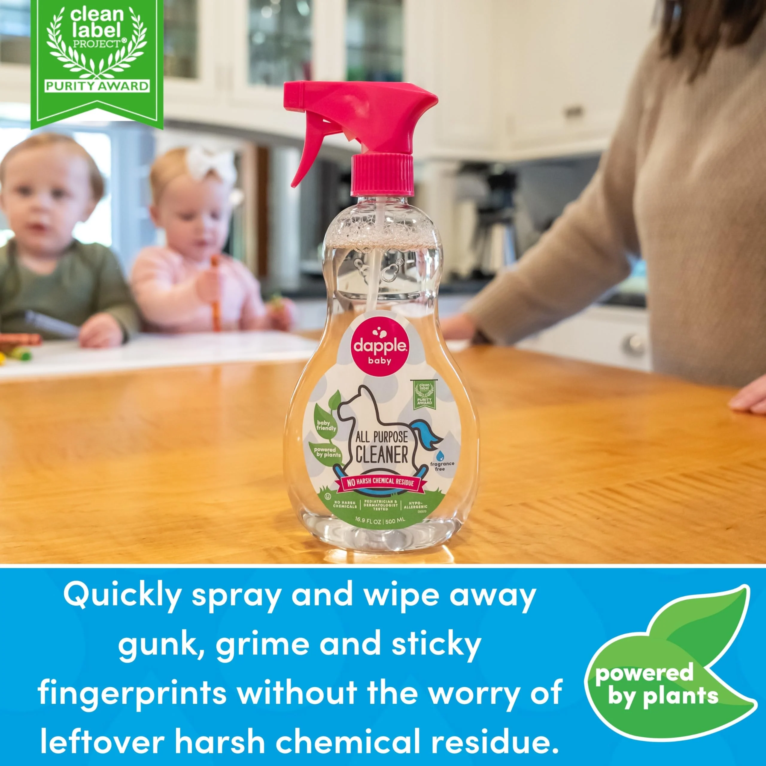 Dapple Baby All Purpose Cleaning Spray, Hypoallergenic for Toys, High Chairs, Swings, Counters, Powered by Plants, 1 Pump Included, Fragrance Free, 16.9 Fl Oz (Pack of 2) + 30 Count Wipes - Image 5