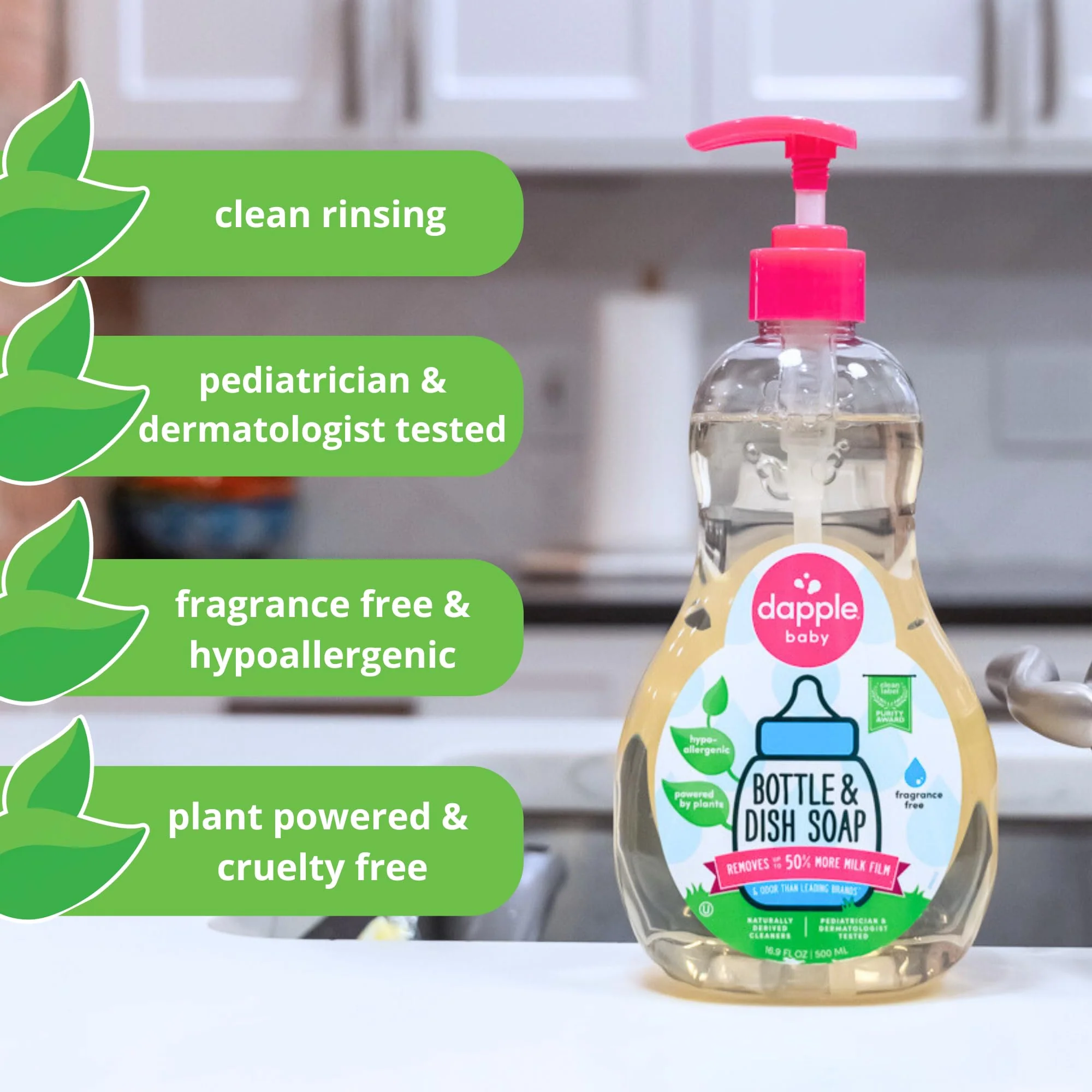 Dapple Baby Fragrance Free Bottle & Dish Soap - (3 Pack) 16.9 fl oz - Cleans Baby Bottles, Sippy Cups, Pacifiers, Breast Pumps, & More - Gently Removes Milk Film & Odors - Includes 1 Pump - Image 4
