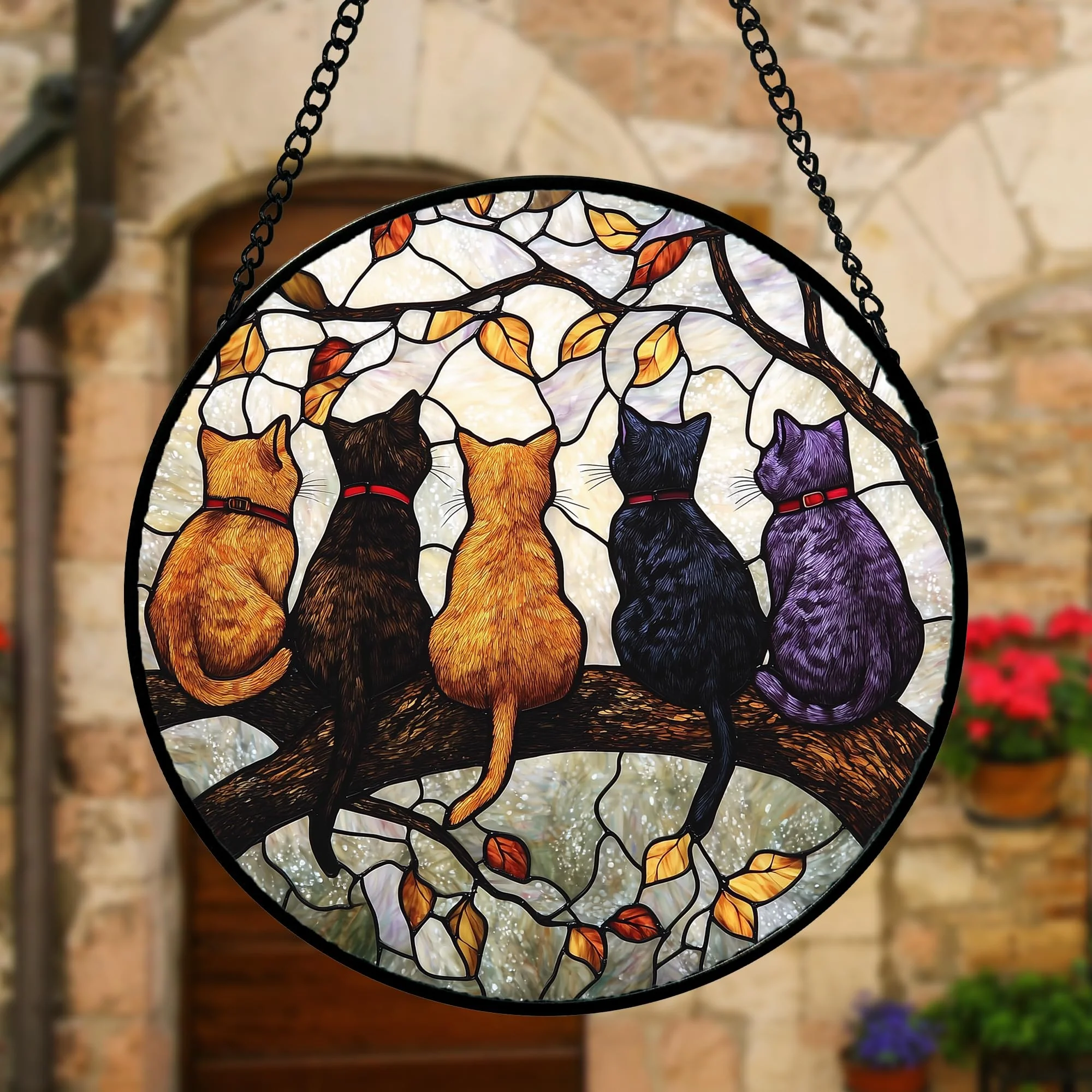 DASTOLL Stained Glass Window Hanging - 5 Cats on a Branch Suncatcher for Window Doors Home Decoration and Christmas, Mother's Day Father's Day Birthday Gifts for Women, Men, and Mom 6.3x6.3 in - Image 3