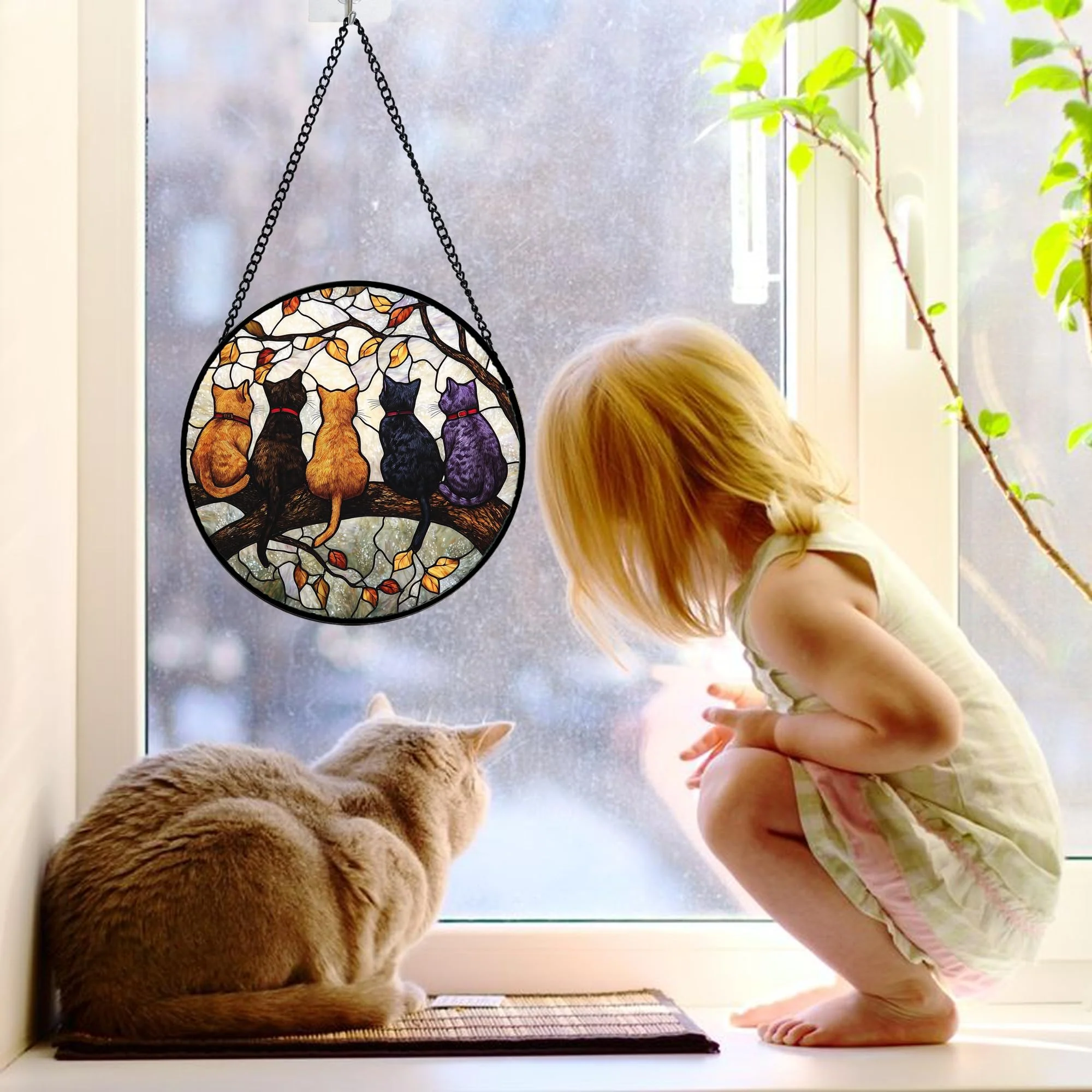 DASTOLL Stained Glass Window Hanging - 5 Cats on a Branch Suncatcher for Window Doors Home Decoration and Christmas, Mother's Day Father's Day Birthday Gifts for Women, Men, and Mom 6.3x6.3 in - Image 4