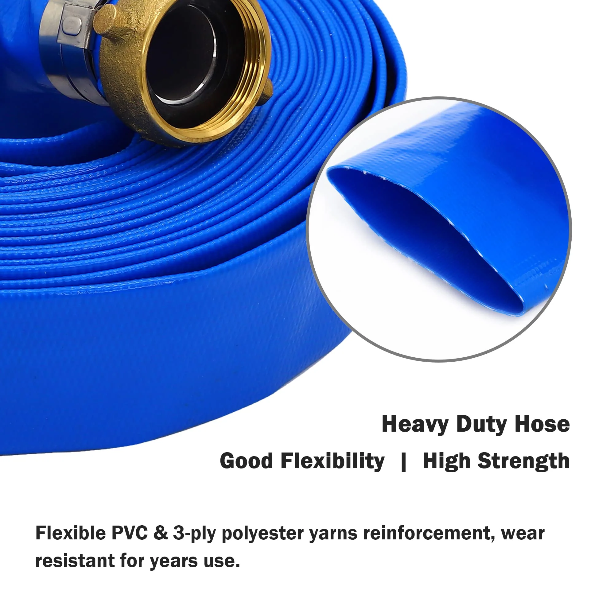 DAVCO 1" ID x 100 ft Pool Backwash Hose, Heavy Duty Reinforced Blue PVC Lay Flat Water Discharge Pump Hoses For Swimming Drain Pools and Clean Filters, With Aluminum Pin Lug Fittings - Image 6