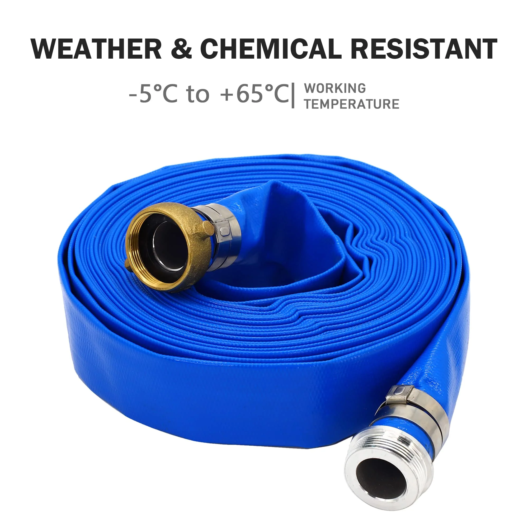 DAVCO 1" ID x 50 ft Pool Backwash Hose, Heavy Duty Reinforced Blue PVC Lay Flat Water Discharge Pump Hoses For Swimming Drain Pools and Clean Filters, With Aluminum Pin Lug Fittings - Image 4