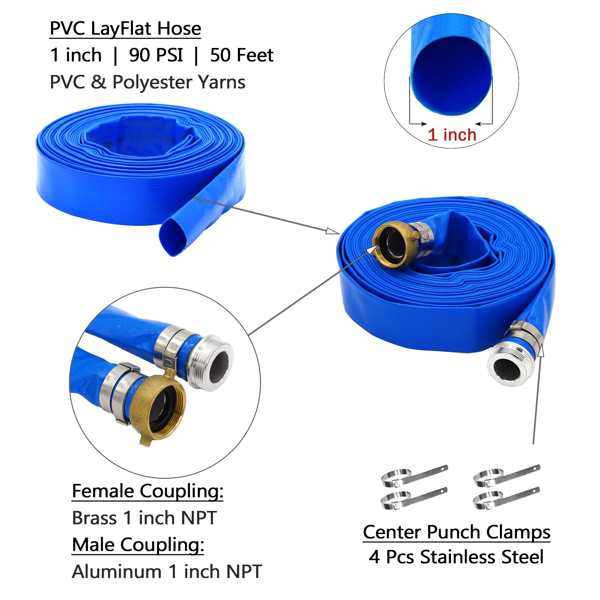 DAVCO 1" ID x 50 ft Pool Backwash Hose, Heavy Duty Reinforced Blue PVC Lay Flat Water Discharge Pump Hoses For Swimming Drain Pools and Clean Filters, With Aluminum Pin Lug Fittings - Image 7