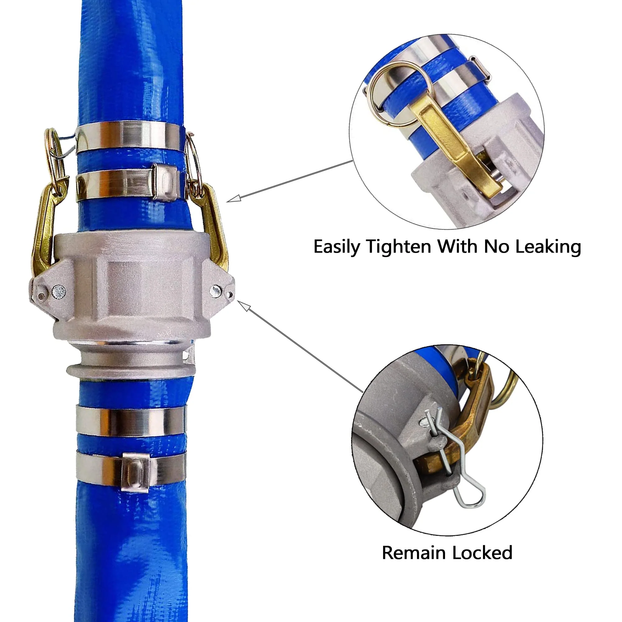 DAVCO 2" ID × 100 ft Pool Backwash Hose, Heavy Duty Reinforced Blue PVC Lay Flat Water Discharge Pump Hoses For Swimming Drain Pools and Clean Filters, with Aluminum Camlock C and E Fittings - Image 4