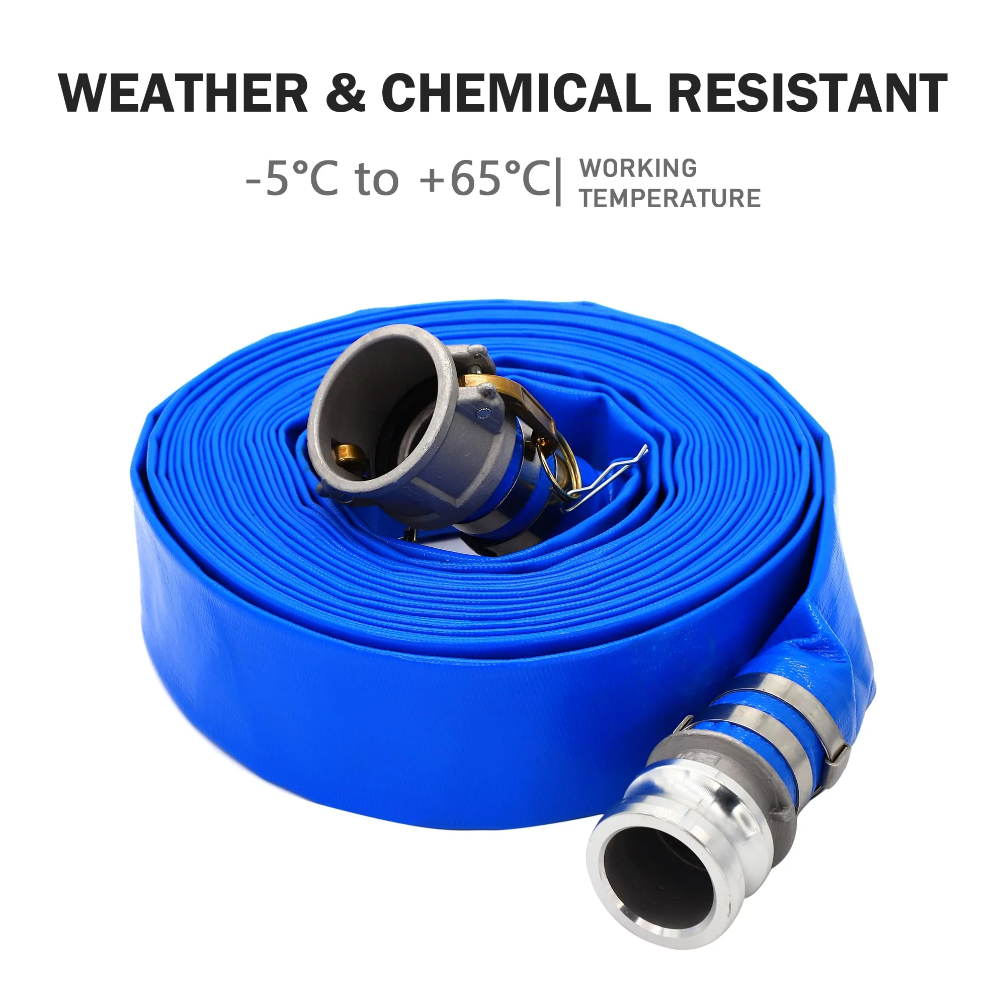 DAVCO 2" ID × 100 ft Pool Backwash Hose, Heavy Duty Reinforced Blue PVC Lay Flat Water Discharge Pump Hoses For Swimming Drain Pools and Clean Filters, with Aluminum Camlock C and E Fittings - Image 5