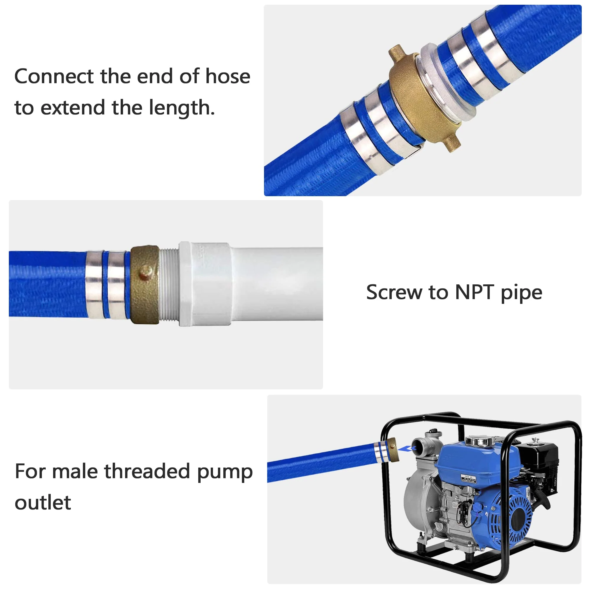 DAVCO 2" ID × 50 ft Pool Backwash Hose, Heavy Duty Reinforced Blue PVC Lay Flat Water Discharge Pump Hoses For Swimming Drain Pools and Clean Filters, With Aluminum Pin Lug Fittings - Image 3