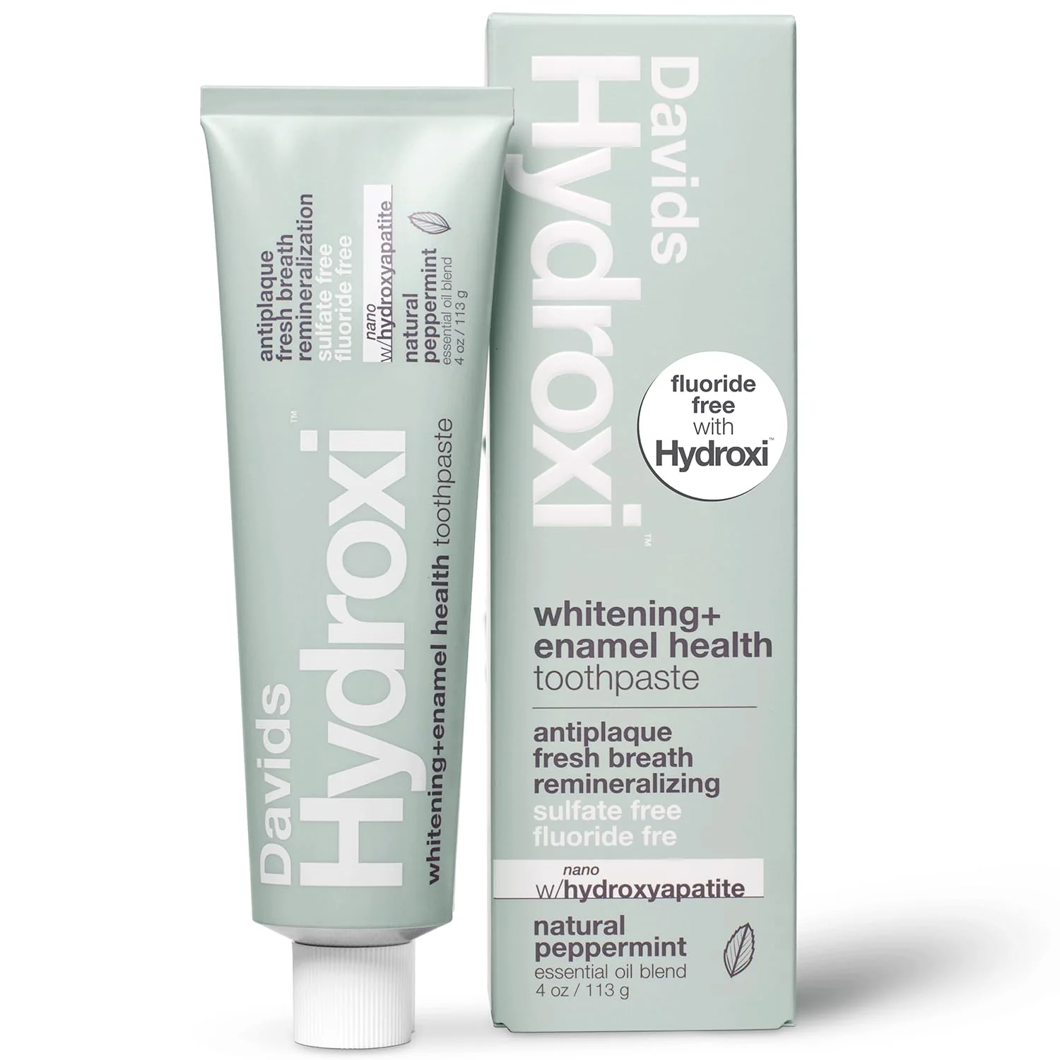 Davids Hydroxi Fluoride Free Nano Hydroxyapatite Whitening + Enamel Health Toothpaste, Antiplaque, Fresh Breath, Remineralizing, SLS Free, Natural Peppermint, 4 oz, Made in USA