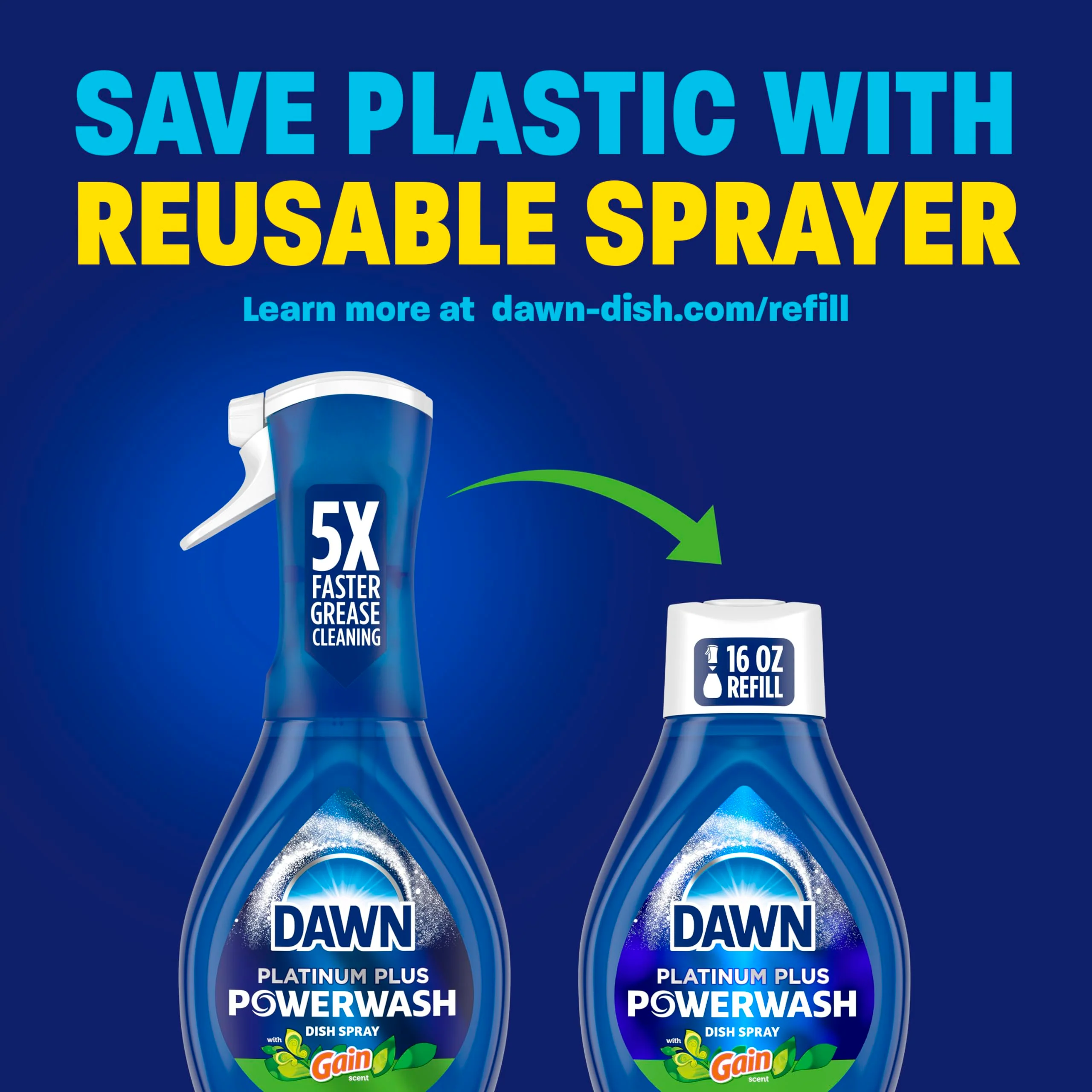 Dawn Powerwash Gain Original Dish Spray, Liquid Dish Soap, Dish Soap Refill, , 1 Starter Kit + 3 Refills, 64 Fl Oz Total (16 fl oz/bottle) - Image 7