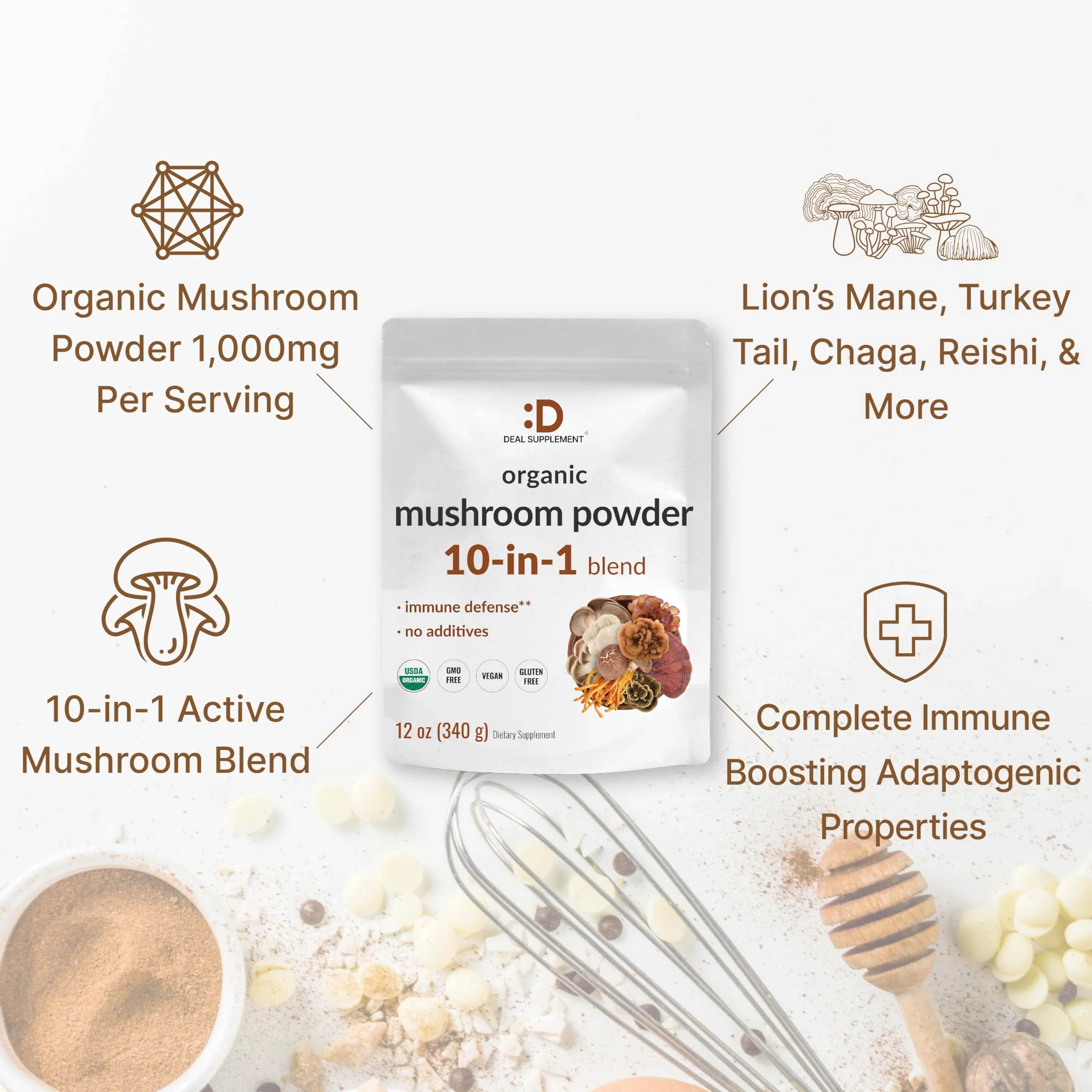 DEAL SUPPLEMENT Organic Mushroom Powder Supplement, 12oz – 10 in 1 Active Blend – Shiitake, Lions Mane, Cordyceps, Chaga, with More –Supports Immune, Energy, & Brain Health – Non-GMO, Vegan - Image 4