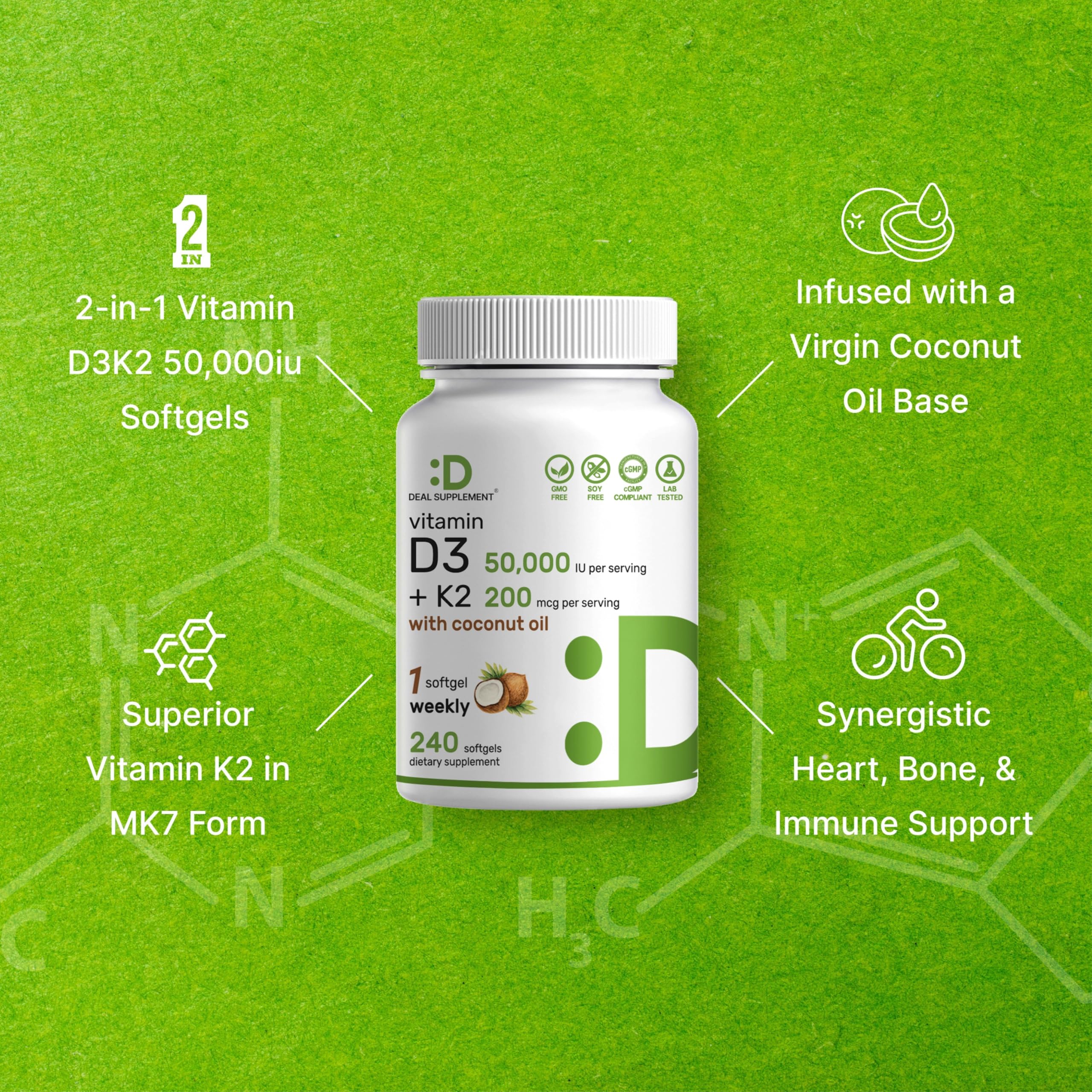 DEAL SUPPLEMENT Vitamin D3 50,000 IU + K2 MK7 200mcg Softgels, 240 Count | 2-in-1 Complex with Virgin Coconut Oil | Supports Heart, Bone, Teeth & Immune Health | Easy to Swallow - Image 6