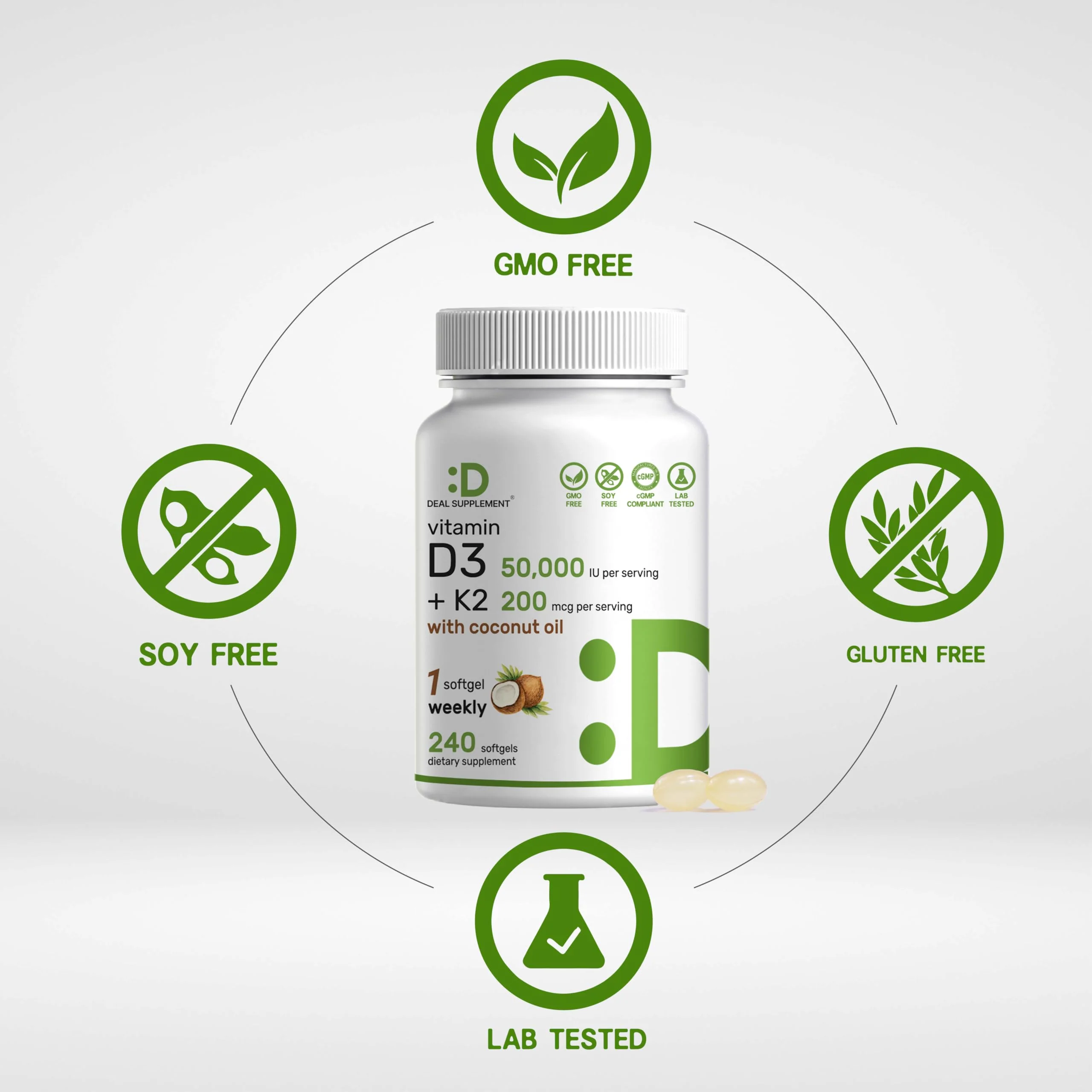 DEAL SUPPLEMENT Vitamin D3 50,000 IU + K2 MK7 200mcg Softgels, 240 Count | 2-in-1 Complex with Virgin Coconut Oil | Supports Heart, Bone, Teeth & Immune Health | Easy to Swallow - Image 7