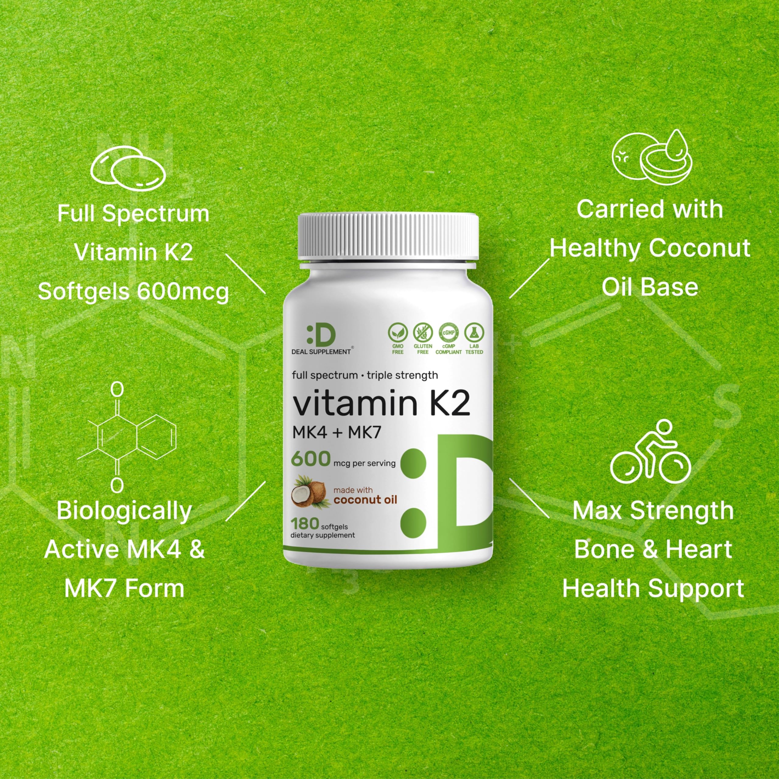 DEAL SUPPLEMENT Vitamin K2 Supplement 600mcg, 180 Coconut Oil Softgels | Full Spectrum High Absorption MK-7 & MK-4 Forms | Bone, Joint, & Immune Support – Non-GMO - Image 5