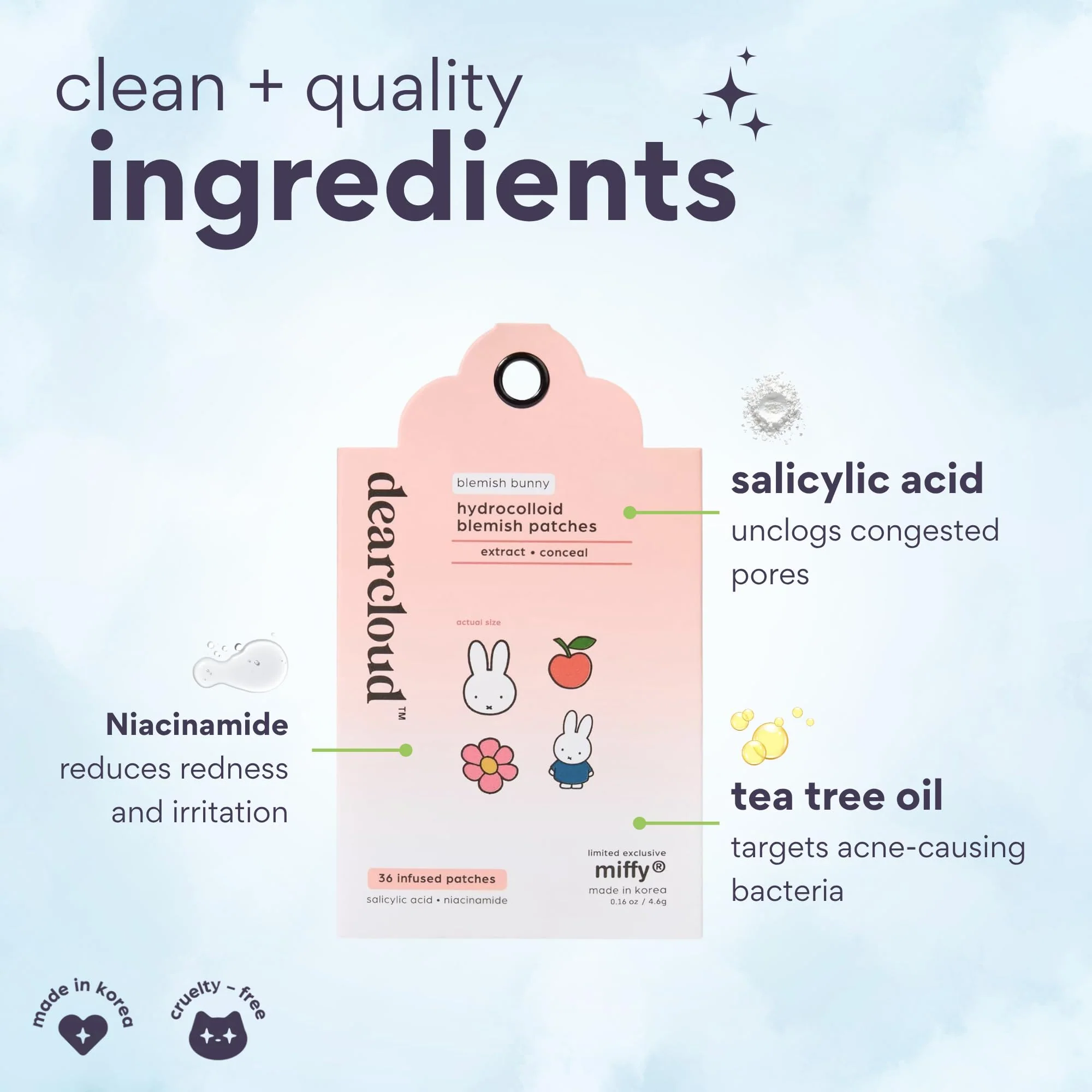 dearcloud Miffy Hydrocolloid Blemish Patches - 36 Count Refill Set- Pimple Patches for Face, Acne Spot Treatment With Niacinamide & Salicylic Acid (Blemish Bunny) - Image 9